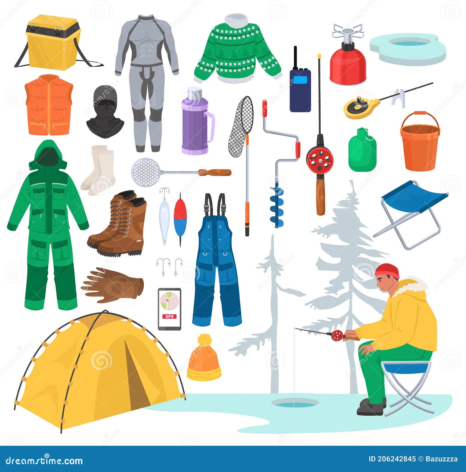 Ice Fishing Gear. Equipment for Winter Fishing, Flat Vector Illustration.  Warm Clothes, Fisherman Tackle and Accessories Stock Vector - Illustration  of icon, apparel: 206242845