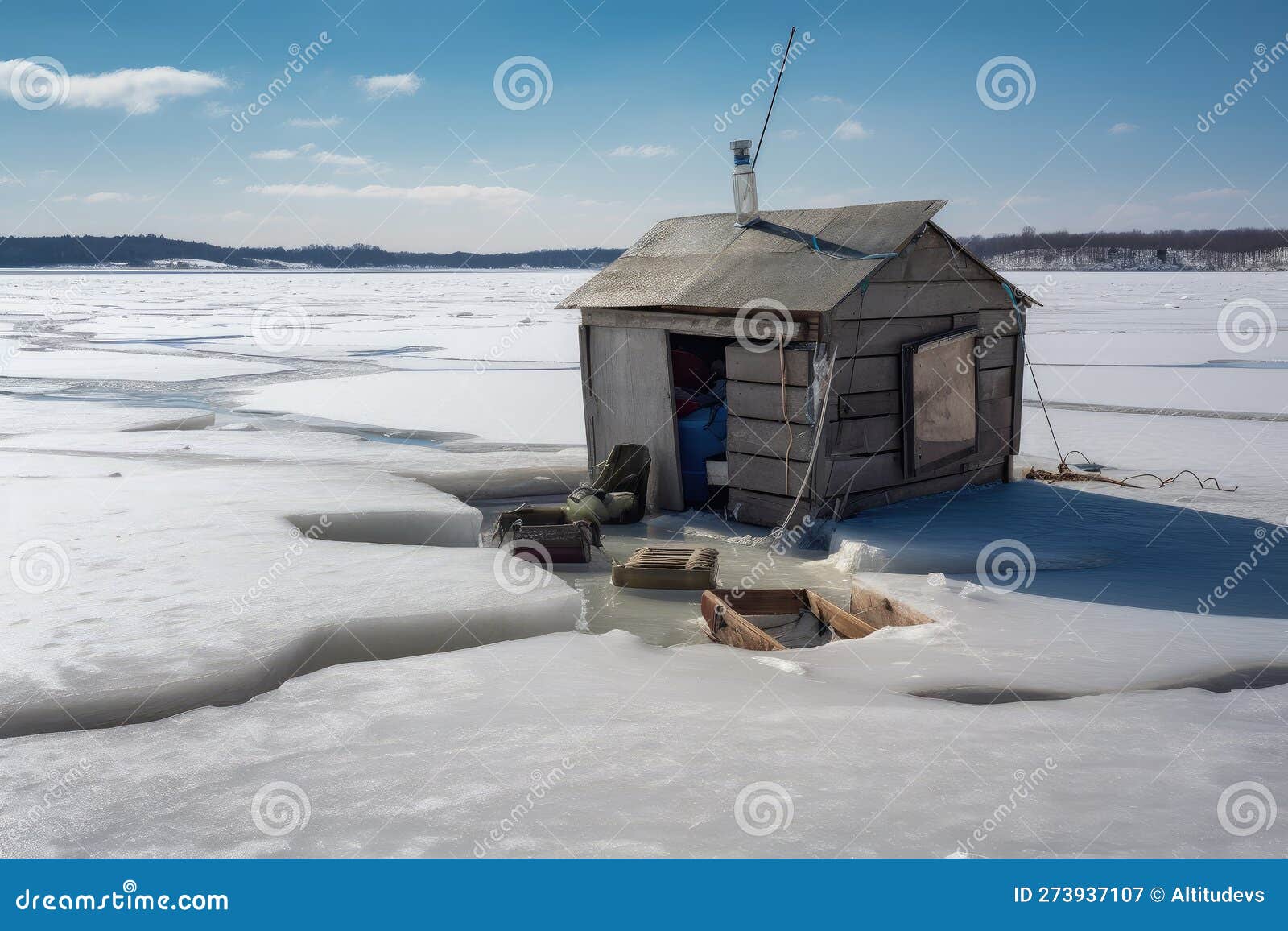 Ice Fishing Hut in Frozen River, with Lines and Tackle Ready for