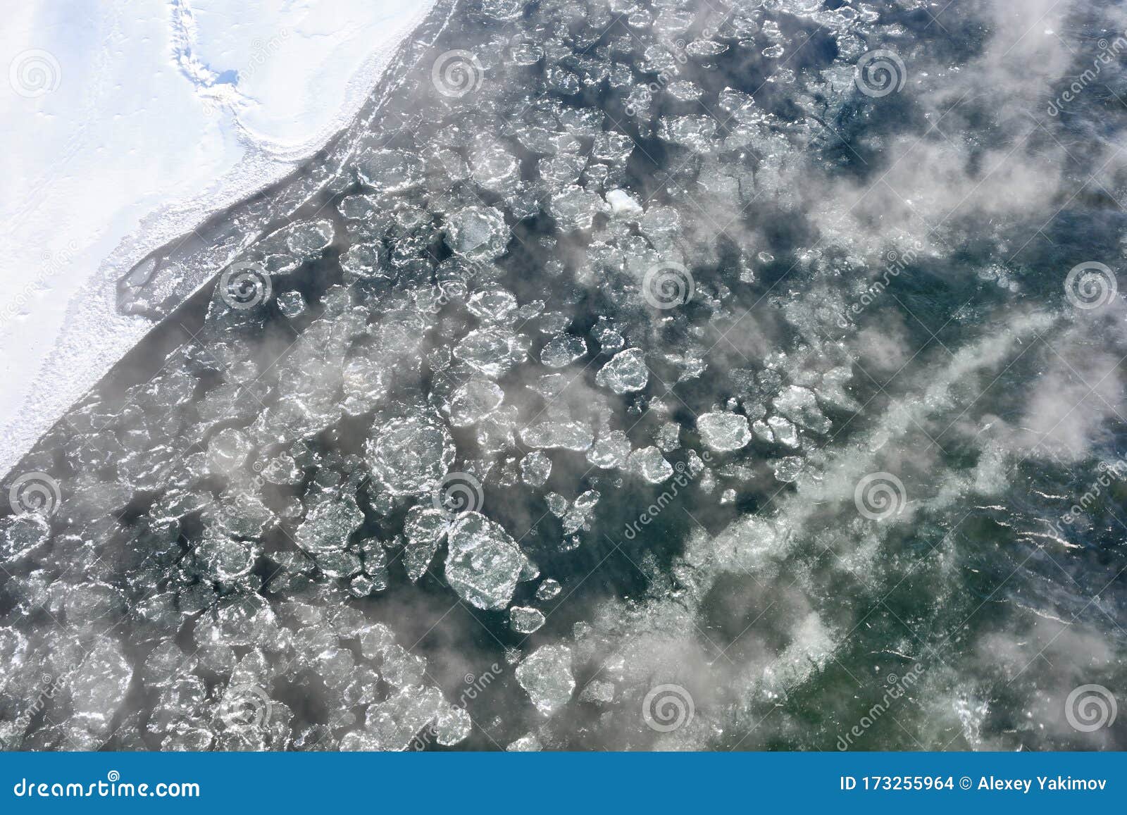 Ice Floes Floating on a Winter Unfrozen River. View from Above Stock ...