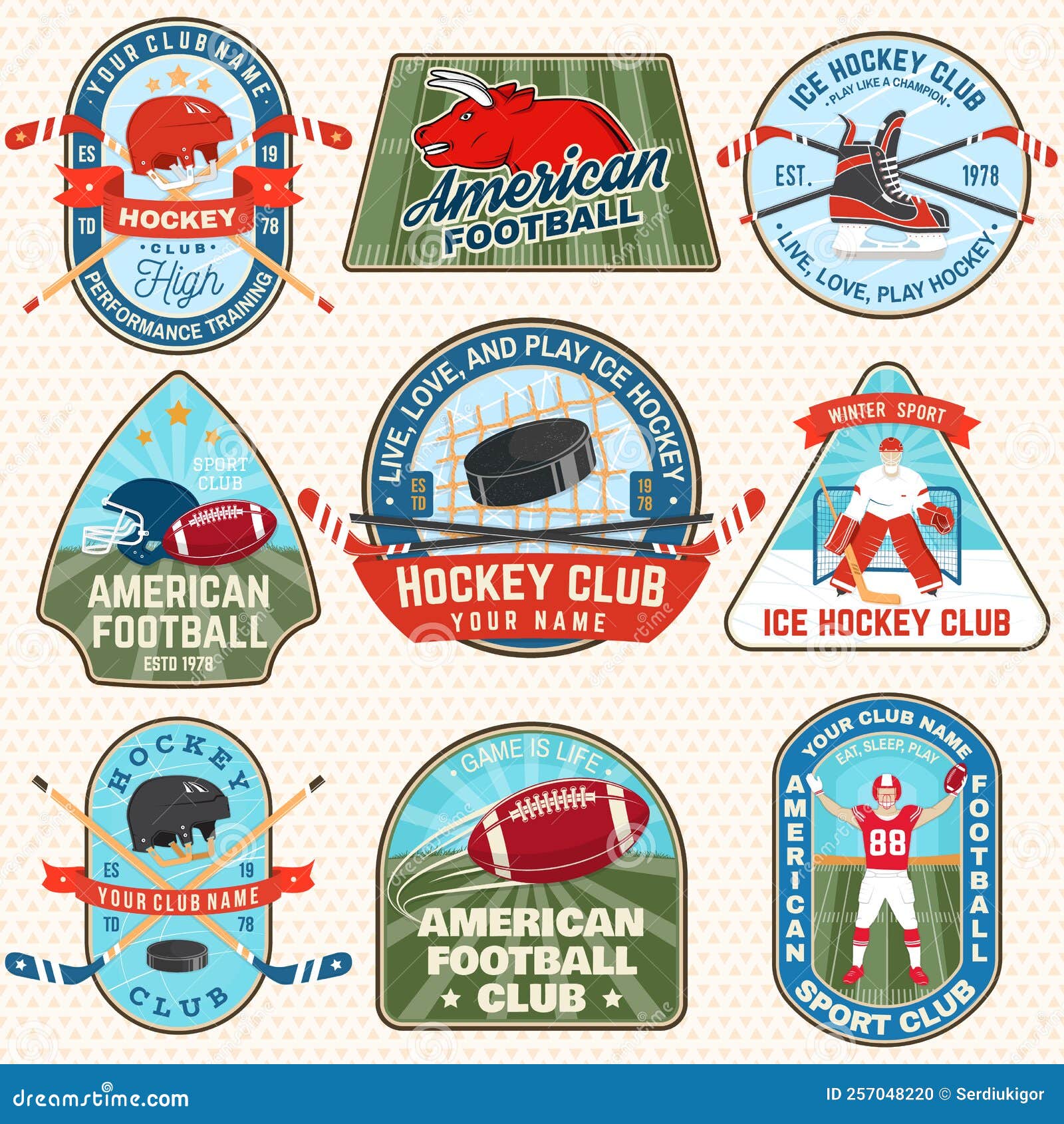 Ice Hockey and American Football or Rugby Club Logo, Badge Embroidered Patch.  Sport Sticker Pack with American Football Stock Vector - Illustration of  stick, arena: 257048220