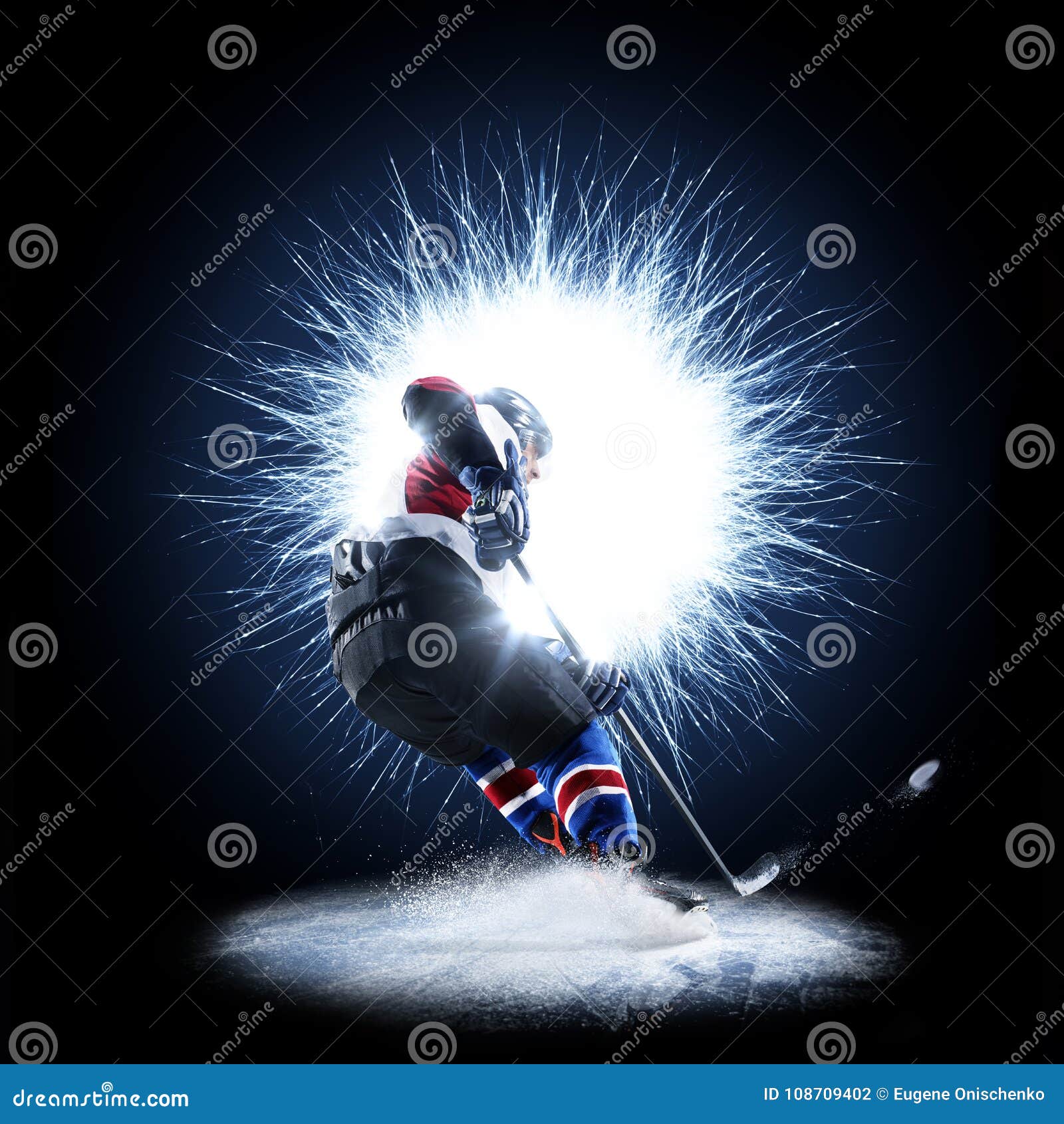ice hockey player is skating on a abstract background