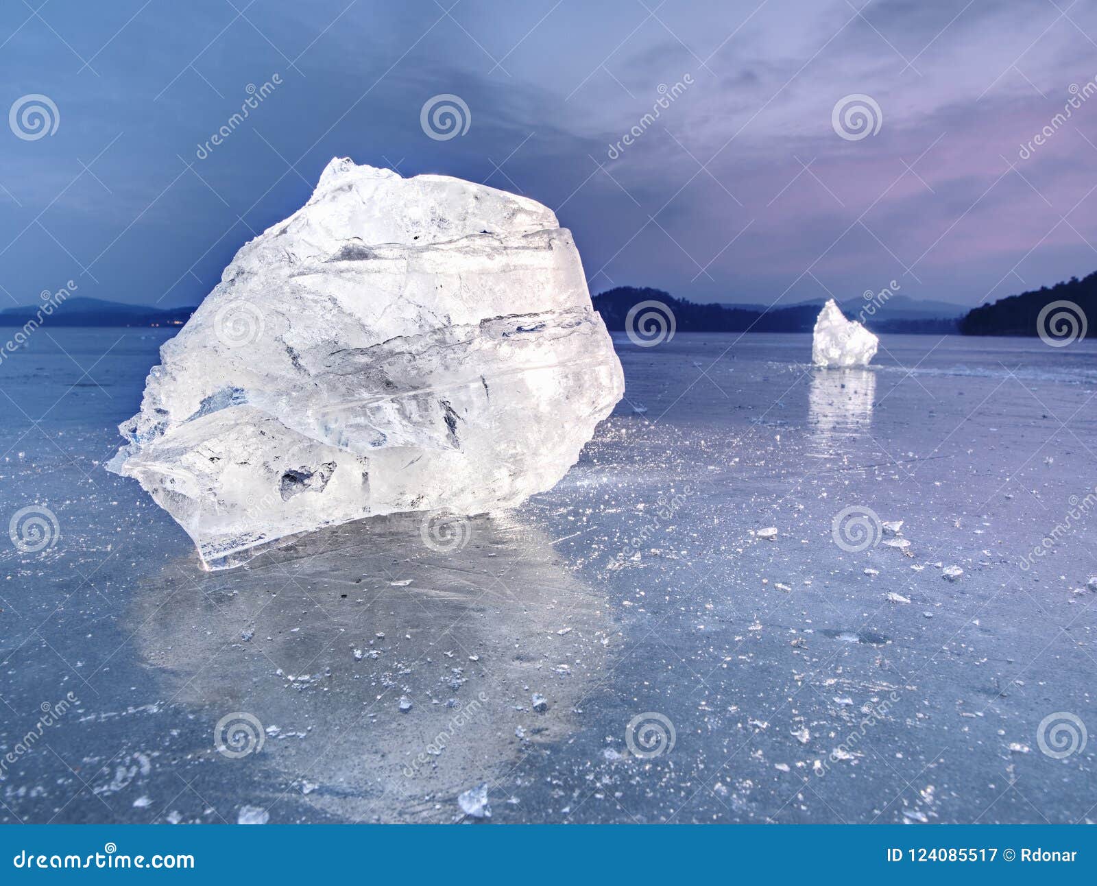 Ice Piece in Blue Shadows, on Dark Natural Background. Stock Image ...