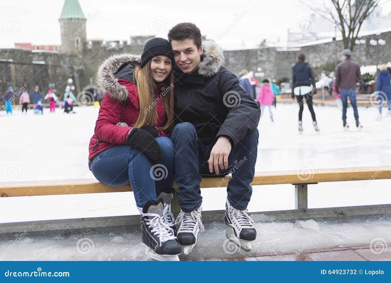 Ice Skating Couple Having Winter Fun on Ice Skates Stock Photo Image