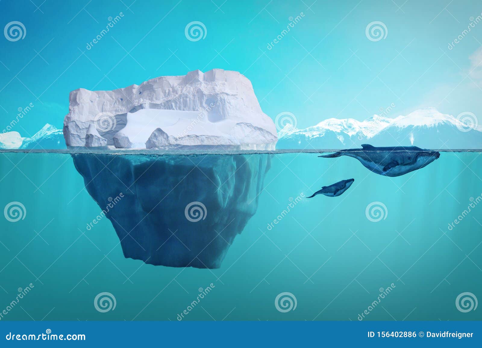 iceberg and whales underwater view. oceanic ecosystem, global warming and enviroment protection concept