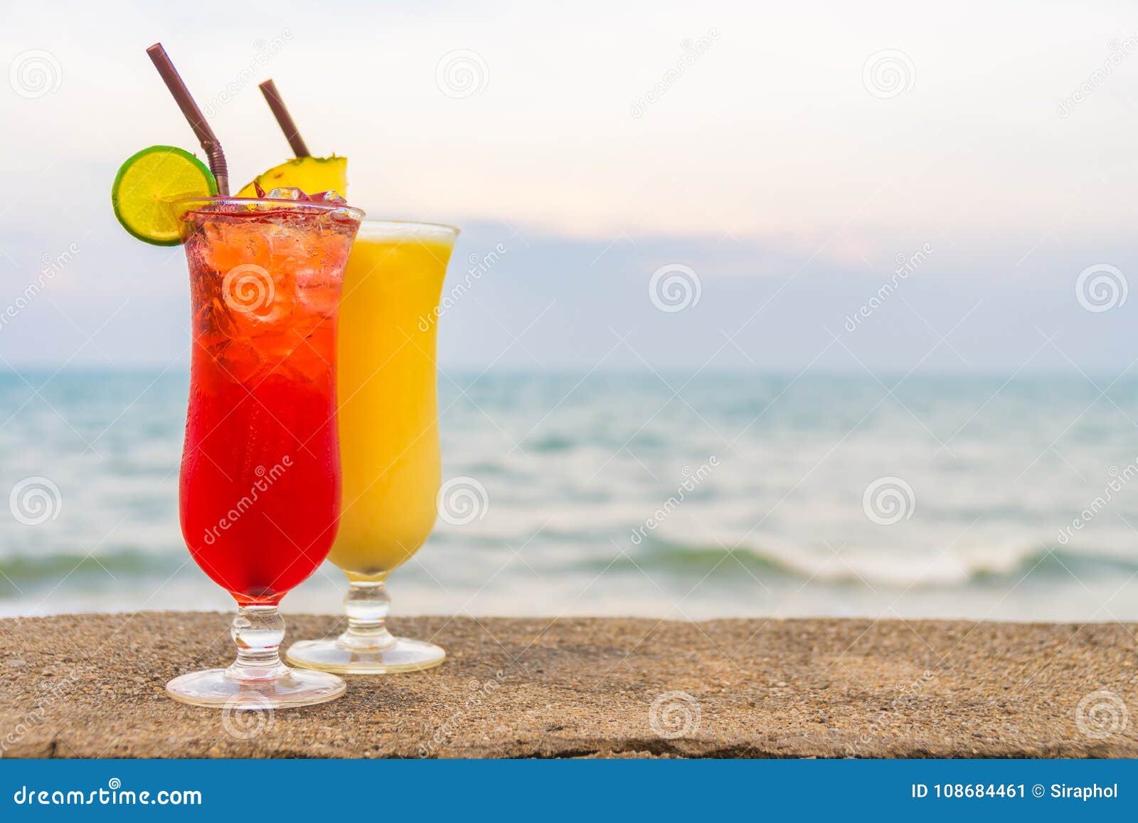 Iced Cocktails Drinking Glass with Sea and Beach Stock Image - Image of ...