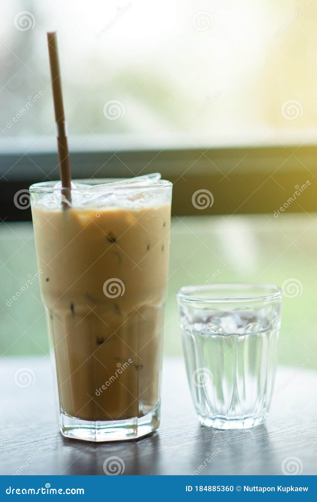 Iced Coffee and Cold Water Placed on the Table Stock Photo Image of