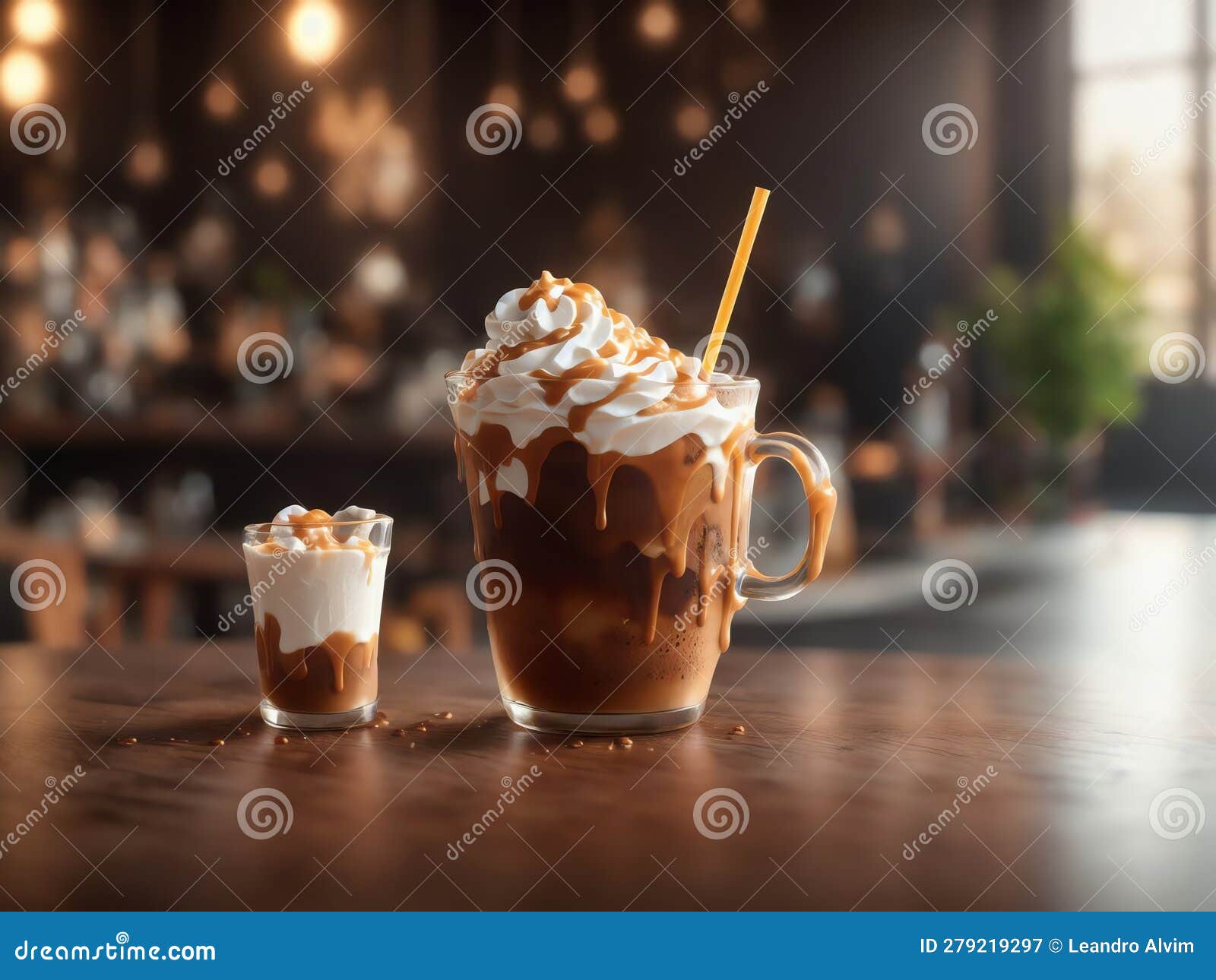 Iced Coffee with Whipped Cream and Caramel Drizzle .AI Generated Stock