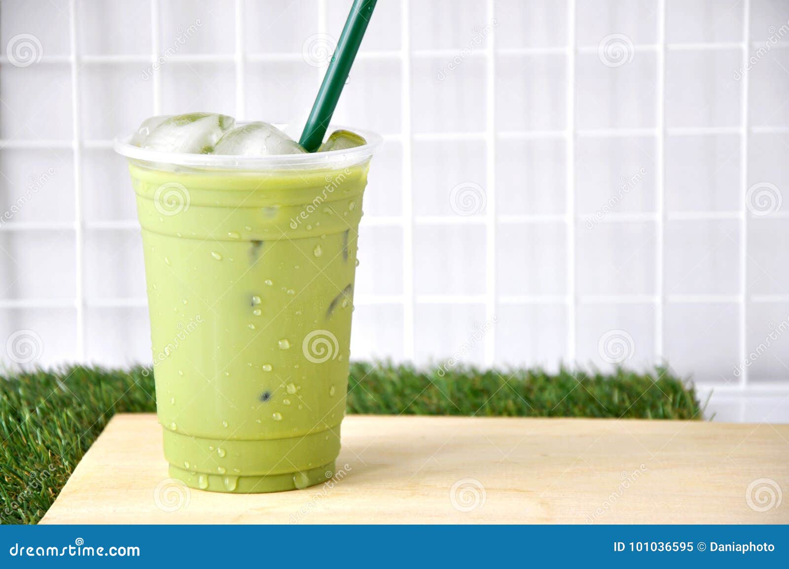 Iced Green Tea Cup on Green Grass Background Stock Image Image of
