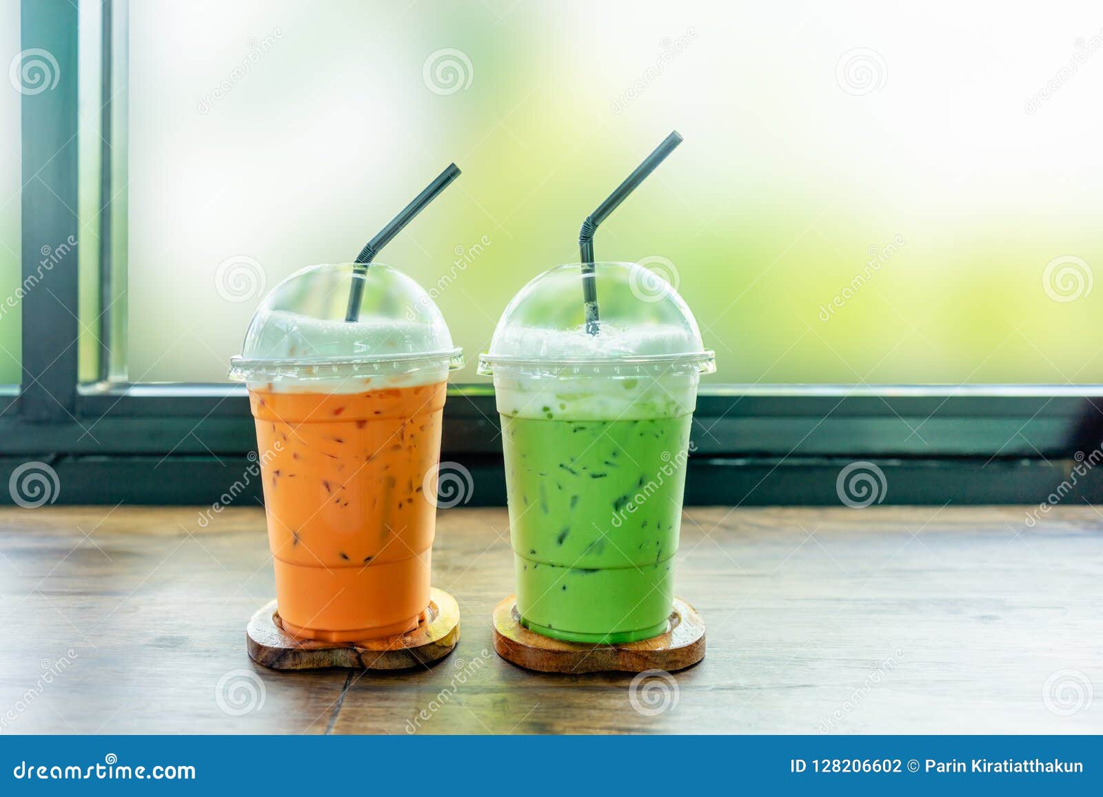 Iced Green Tea and Thai Iced Tea on Wood Table. Stock Photo Image of