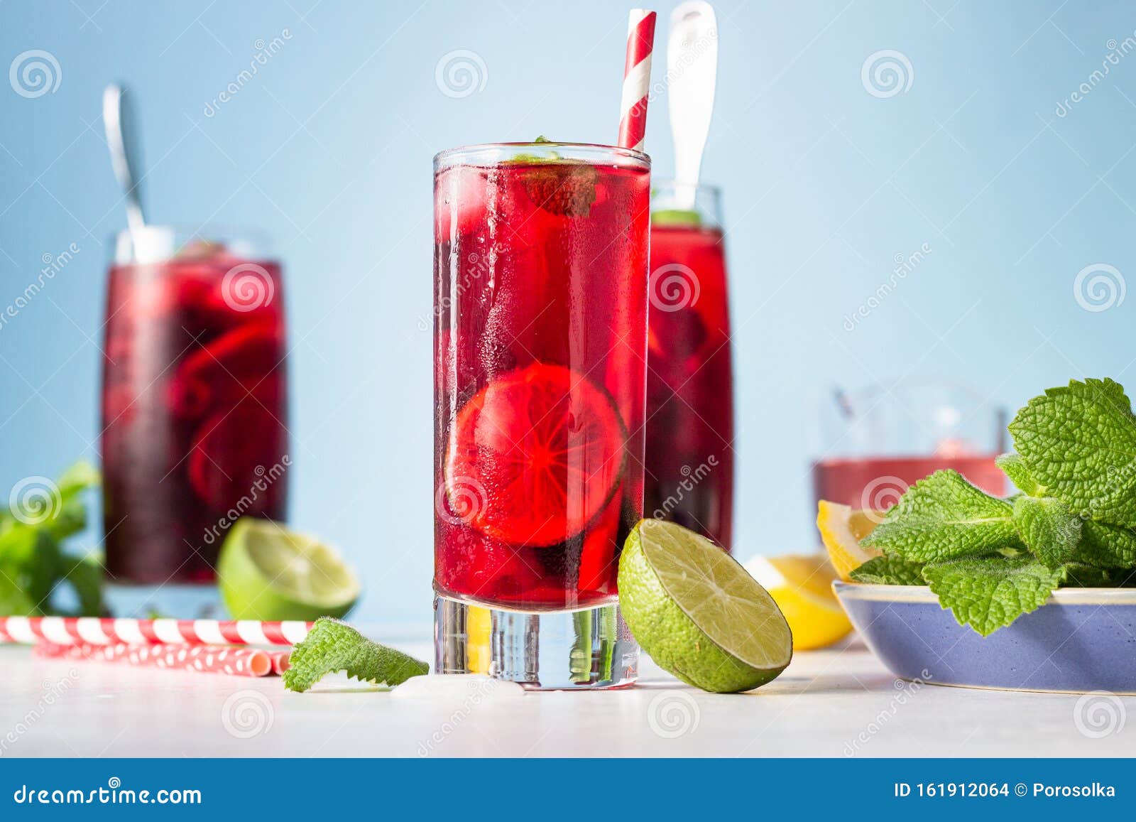 iced hibiscus tea karkade, red sorrel, agua de flor de jamaica or lemonade with raspberries, blackberries, mint and citrus.