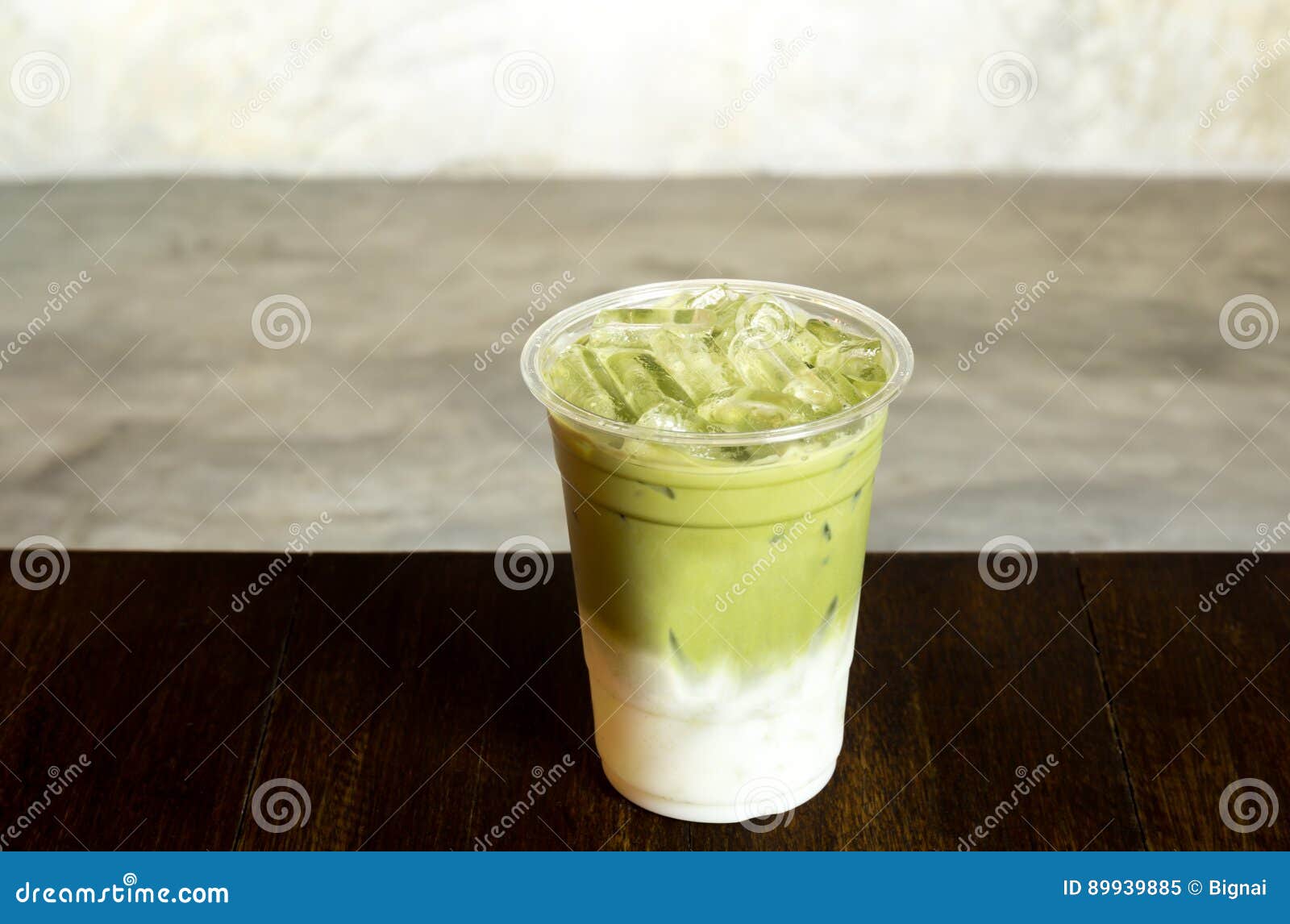 Iced Matcha Green Tea Latte in Take Away Cup Stock Image - Image of