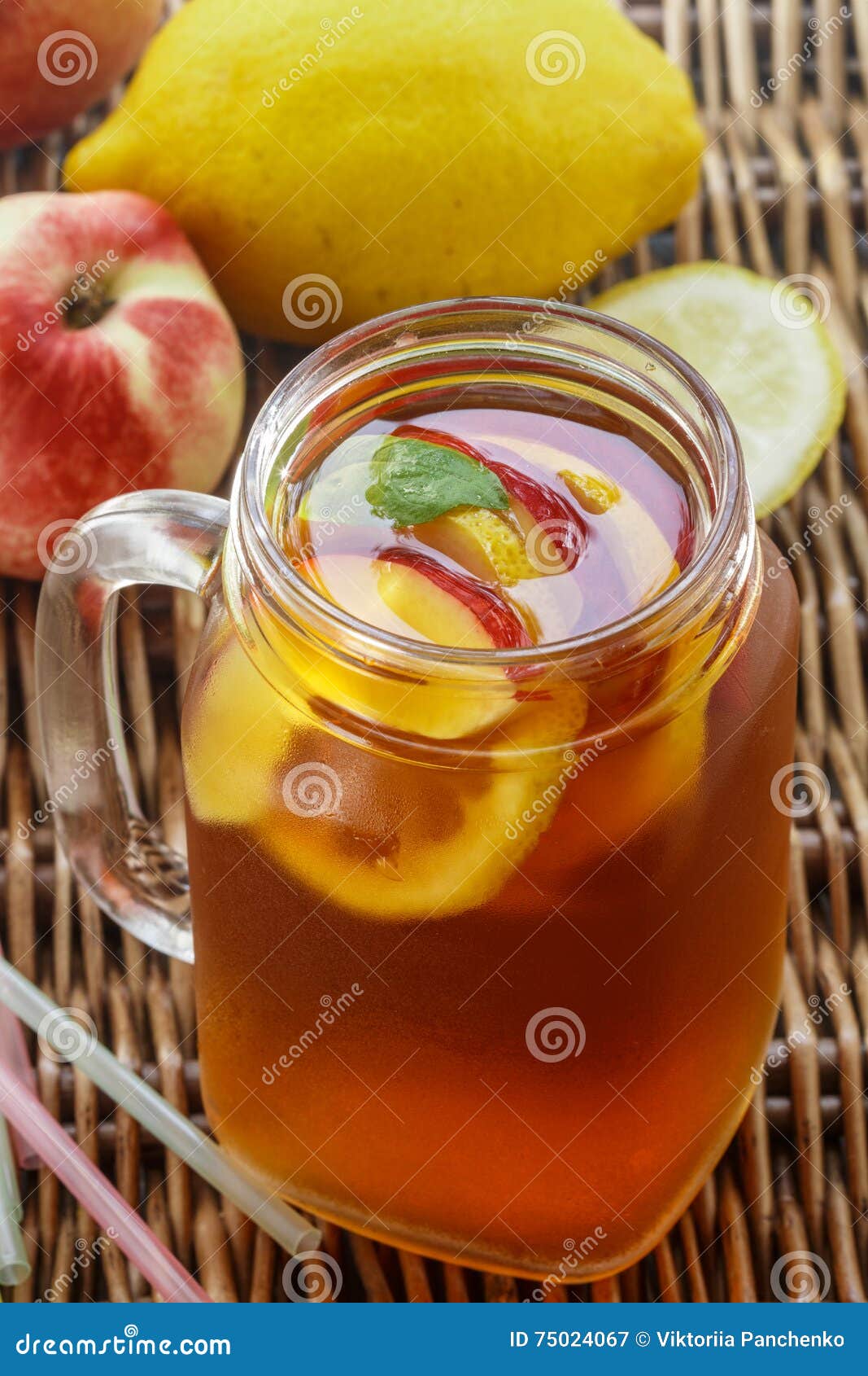 Iced Tea with Lemon and Peach in a Mason Jar Stock Image Image of