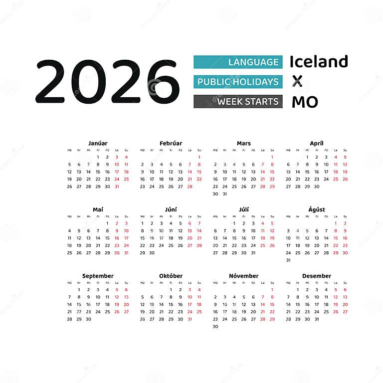 Iceland Calendar 2026. Week Starts from Monday. Vector Graphic Design