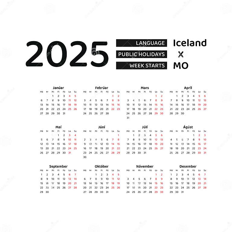 Iceland Calendar 2025. Week Starts from Monday. Vector Graphic Design