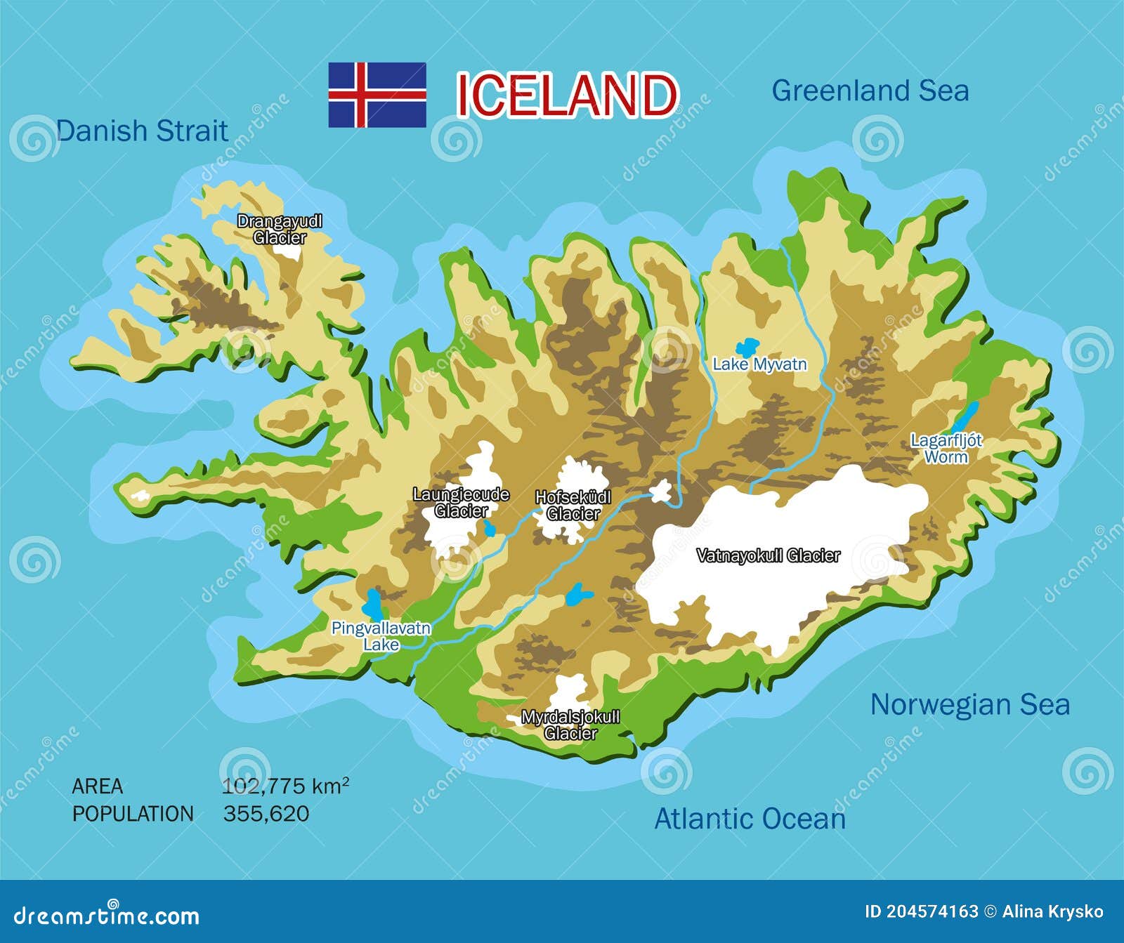 Vector Color Geographic Map of Iceland with Rivers, Lakes and Oceans