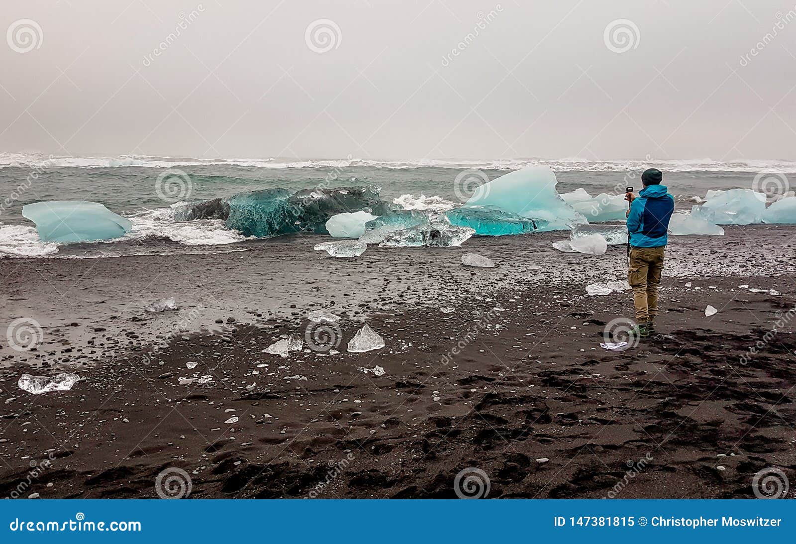 Iceland Young Man At The Diamond Beach With An Action Camera Stock Image Image Of Diamond Landscape