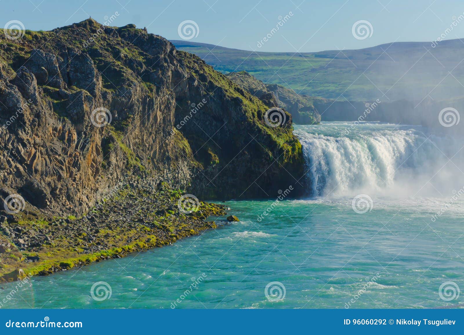 icelandic waterfall in iceland, goddafoss, beautiful vibrant summer panorama picture view