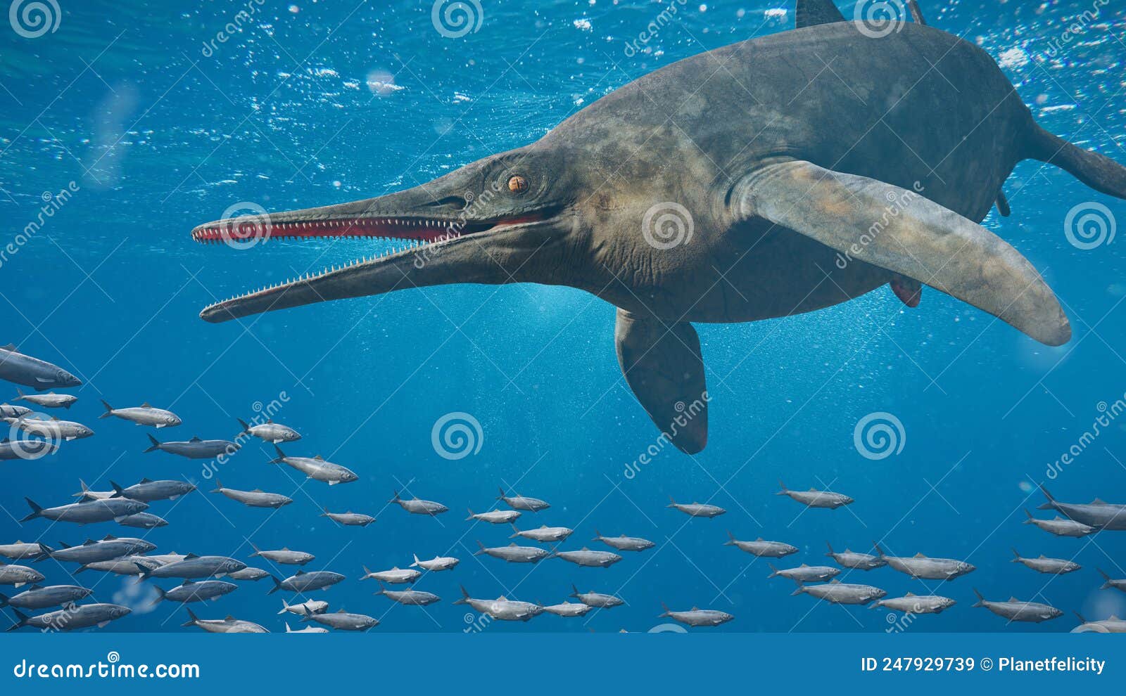 ichthyosaur swimming in the ocean, extinct marine reptile from early triassic to late cretaceous, 3d paleoart rendering