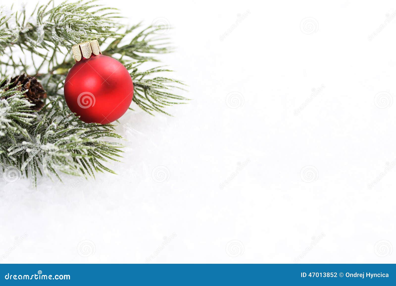 icing pine branch with cone and red matt christmas ball on snow