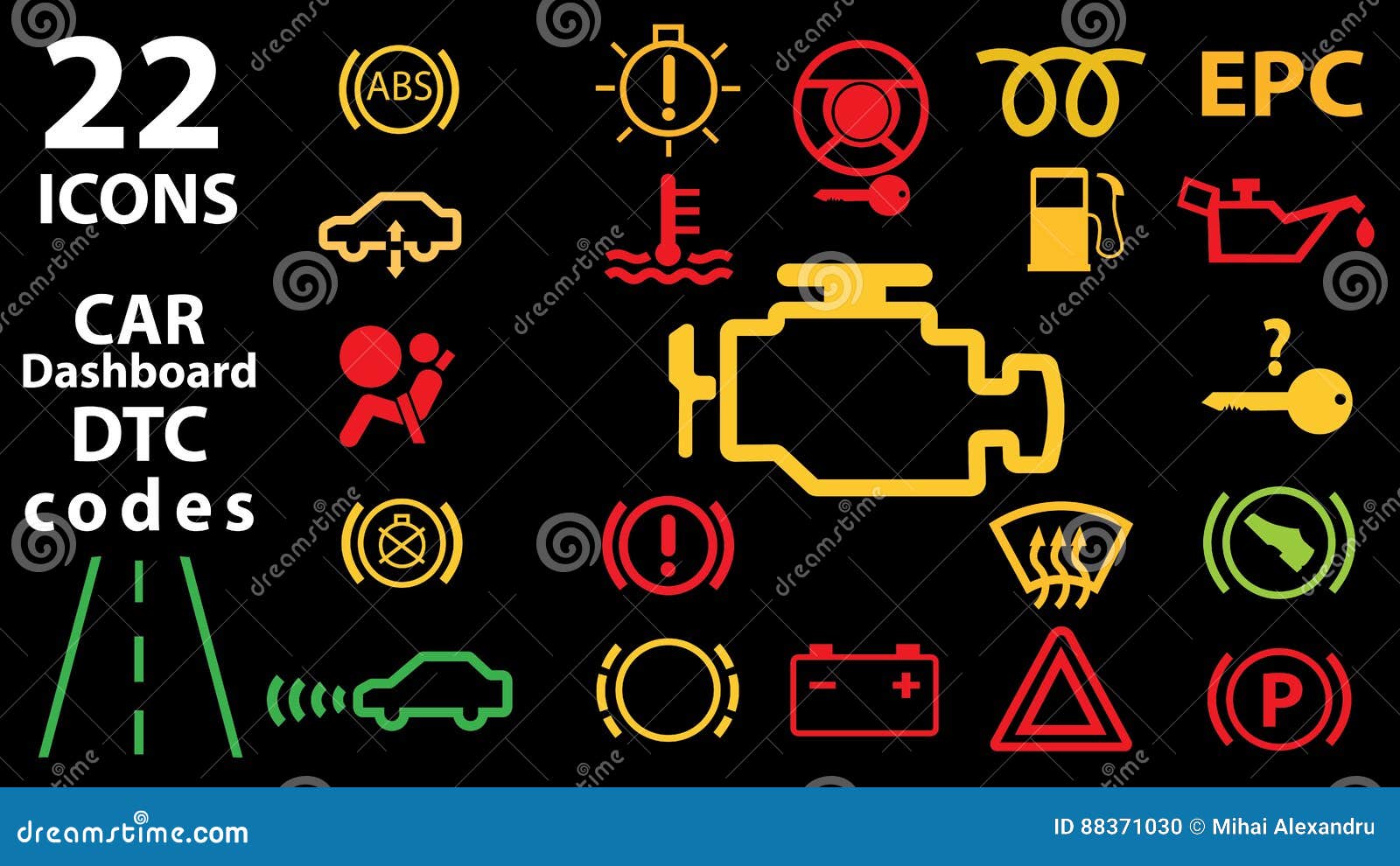 22 Icon Collection of Car Dashboard Panel Indicators, Yellow Red Green  Indicators. DTC Codes. Check Engine Warning. Stock Illustration -  Illustration of safety, interface: 88371030