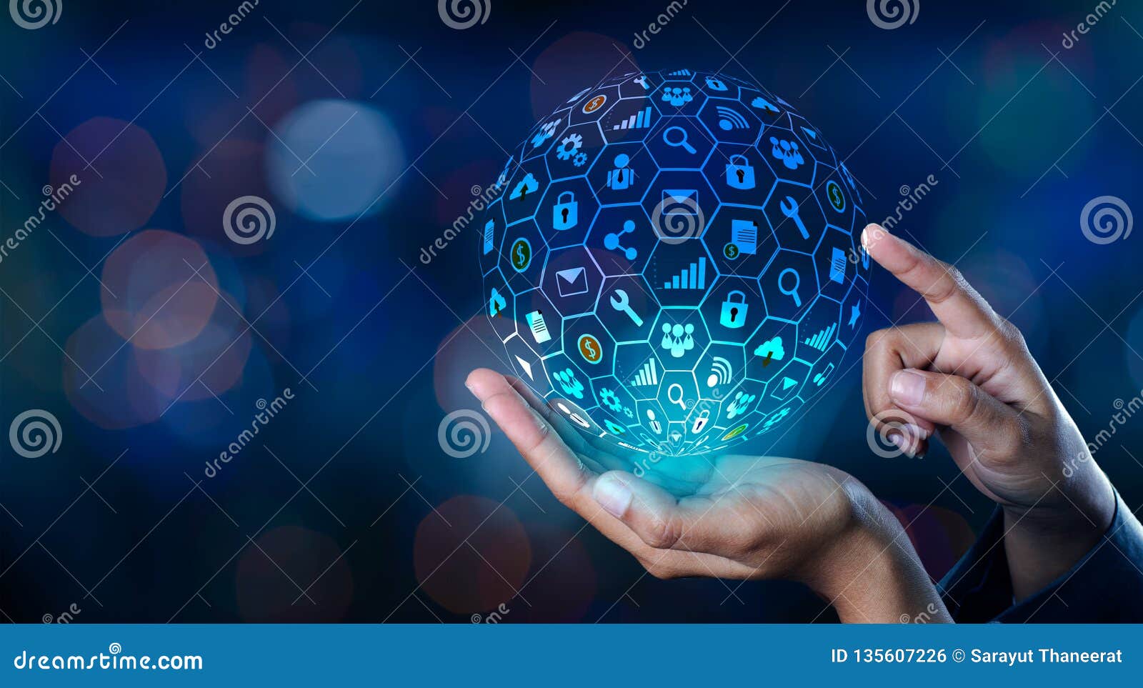 icon internet world in the hands of a businessman network technology and communication space input data