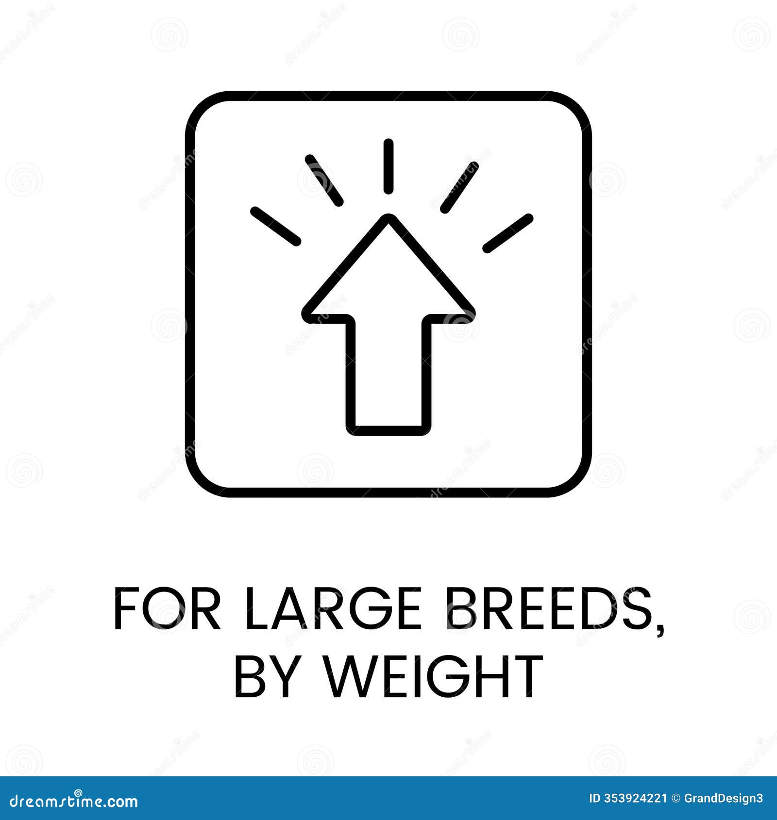 an icon of an upward arrow in a square frame in , representing suitability for large breeds by weight, with an
