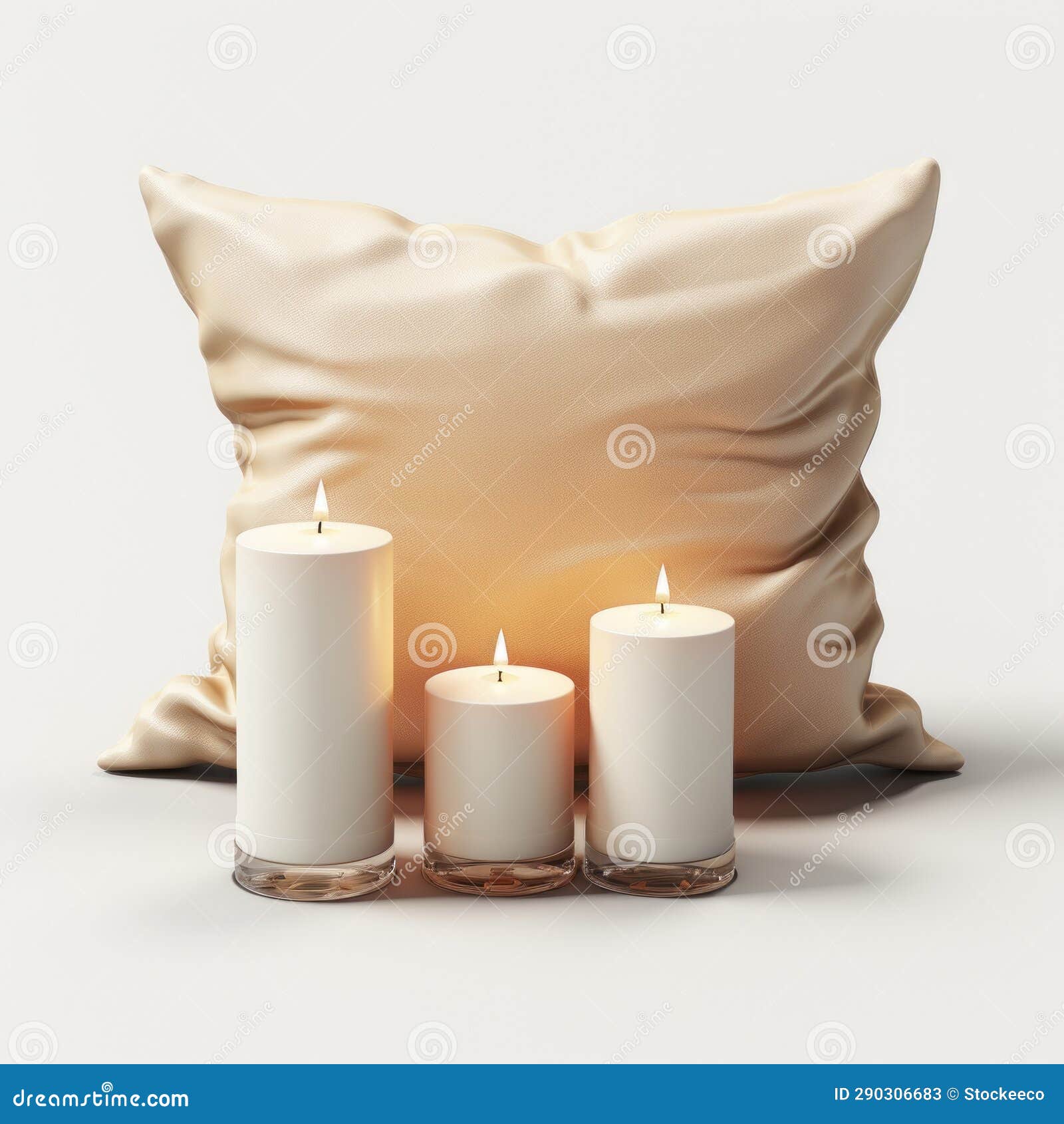 iconic ivory candles and pillows set on white background