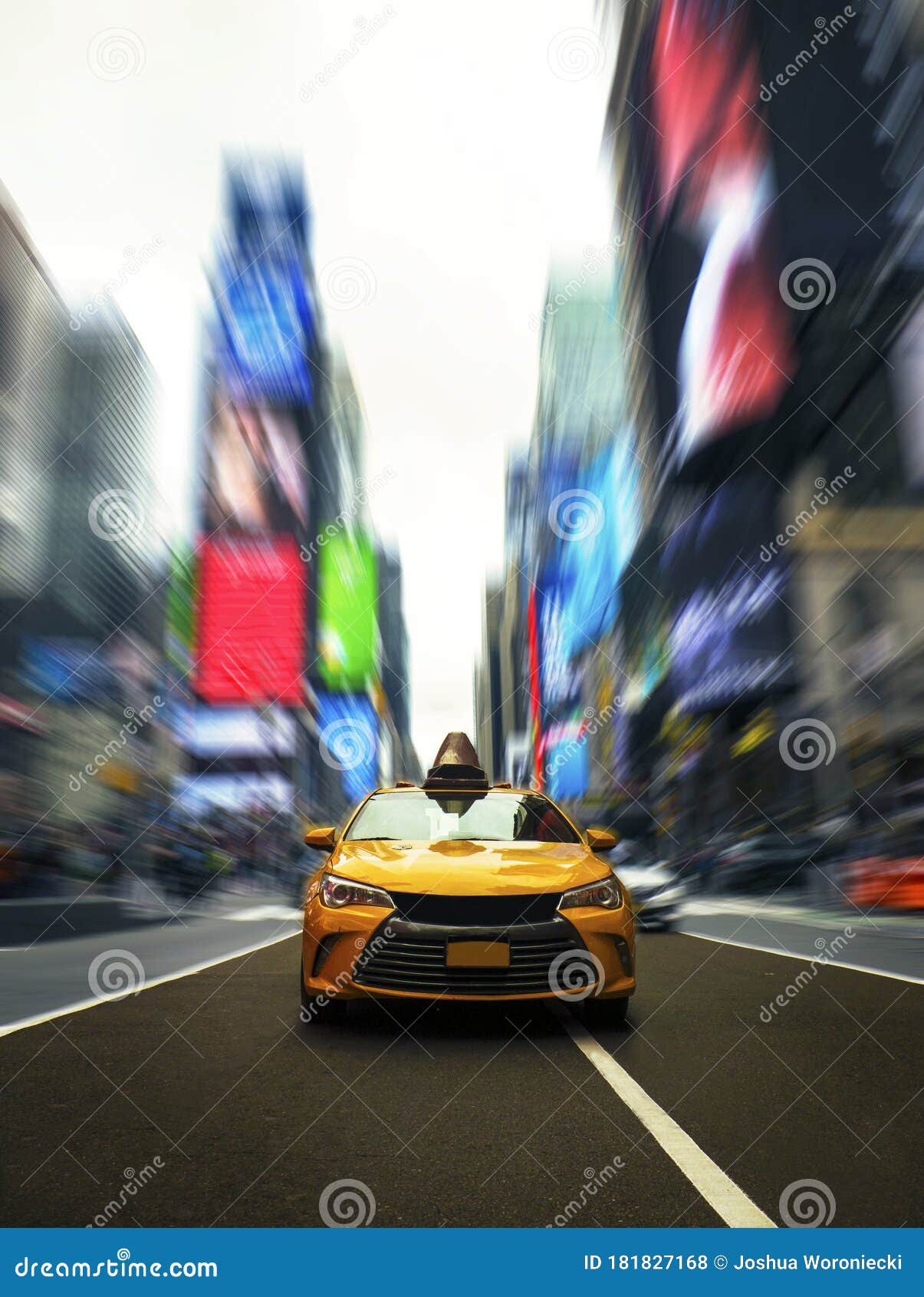 iconic new york taxi in times square with dramatic modern motion effect