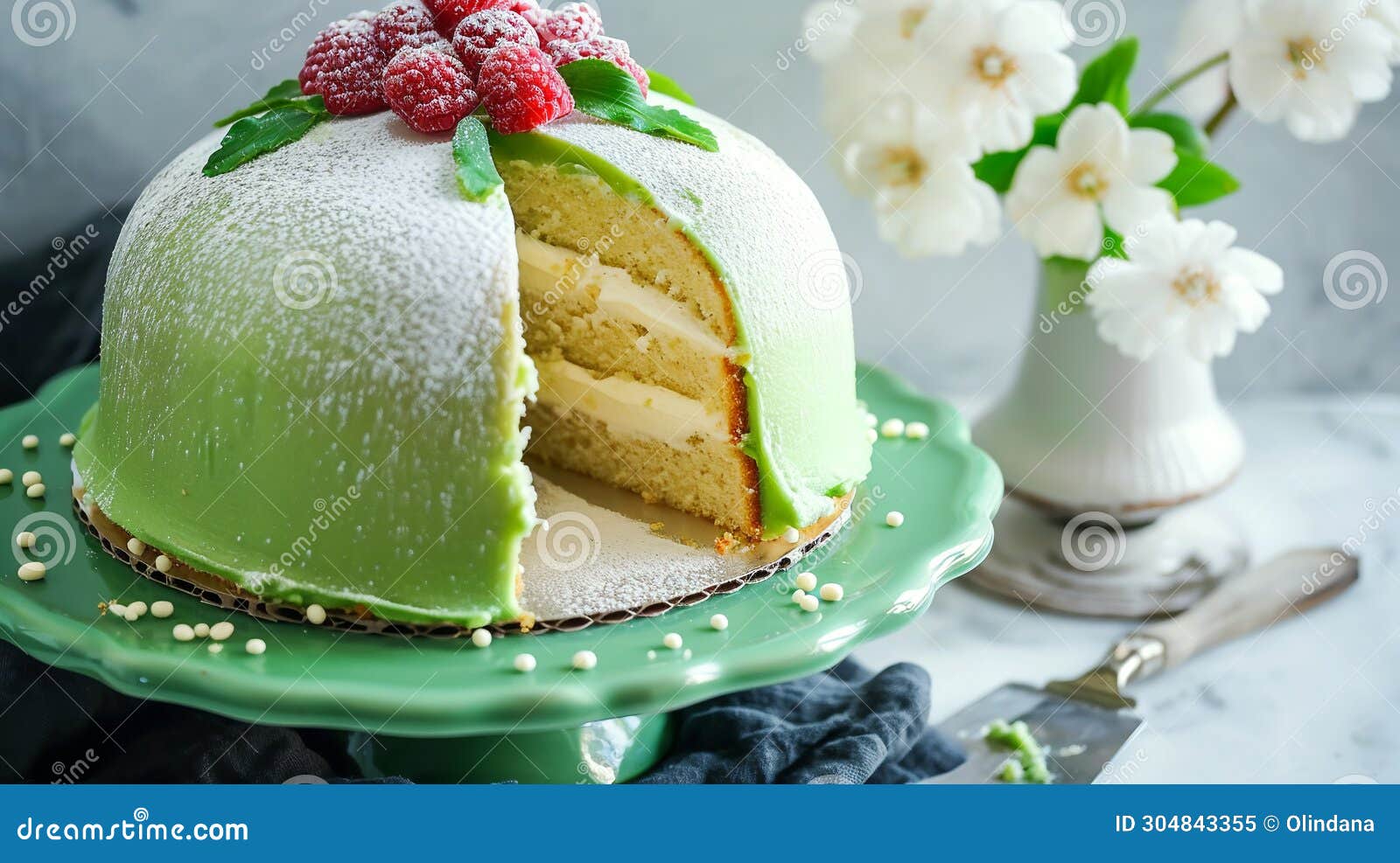 iconic swedish princess layer cake with soft sponge whipped cream and raspberry jam. covered with green almondy marzipan
