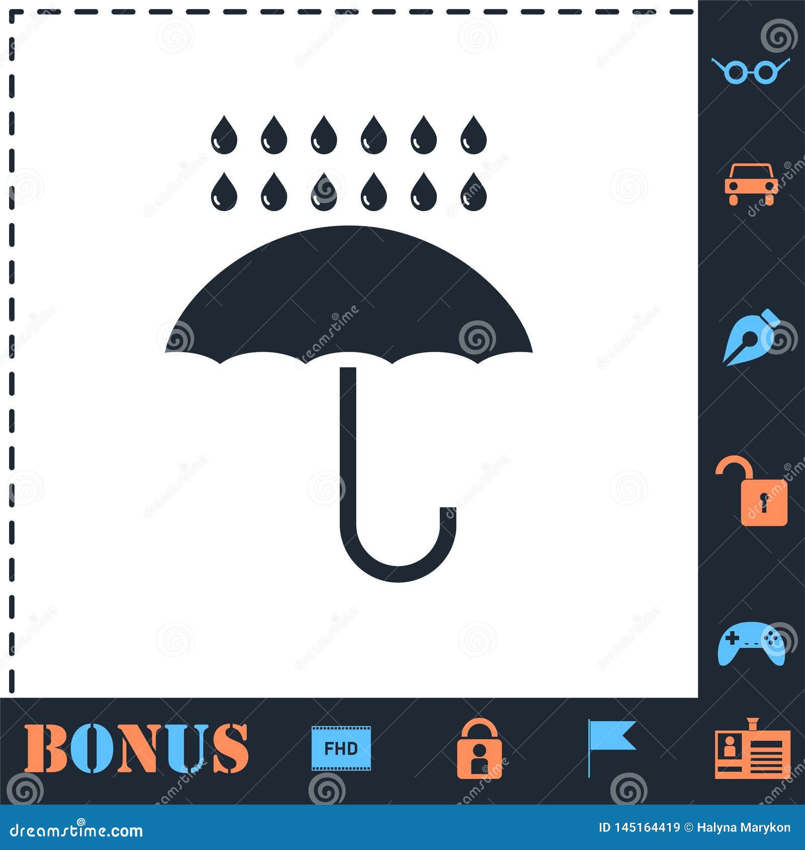 Icono del paraguas y de la lluvia completamente. Paraguas y lluvia Icono perfecto con los iconos simples de la prima
