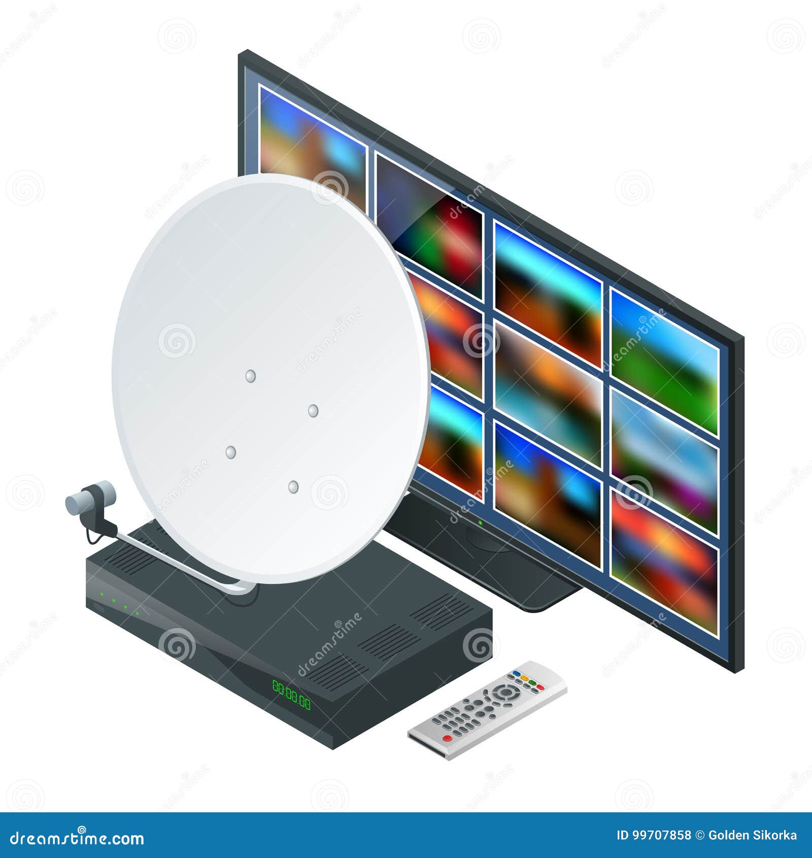Icono Isométrico Una Antena, Un Telecontrol Y Receptor Para La TV