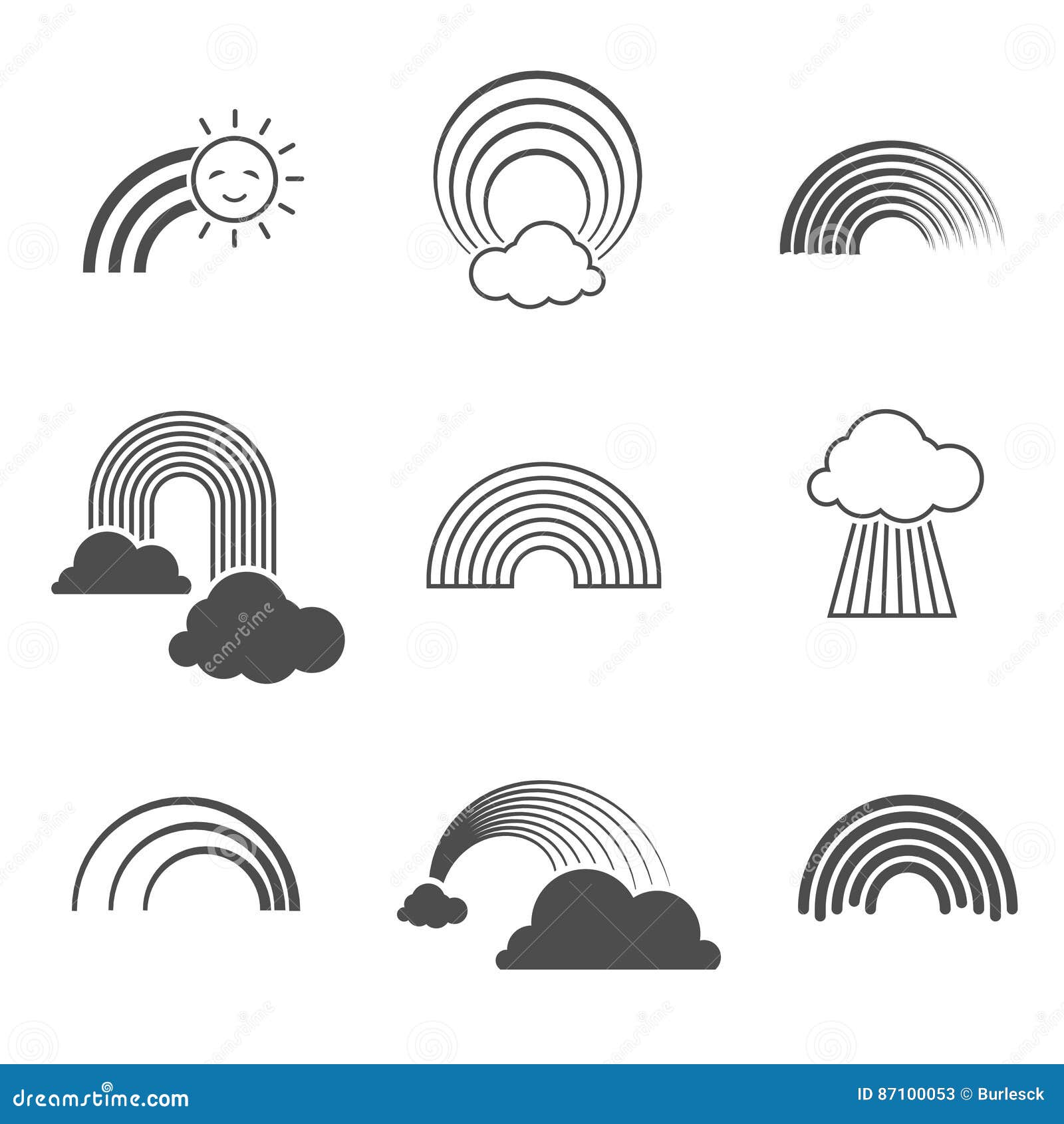 Iconos Blancos Y Negros Del Arco Iris Del Vector Muestras De Los Arco Iris Del Verano Aisladas