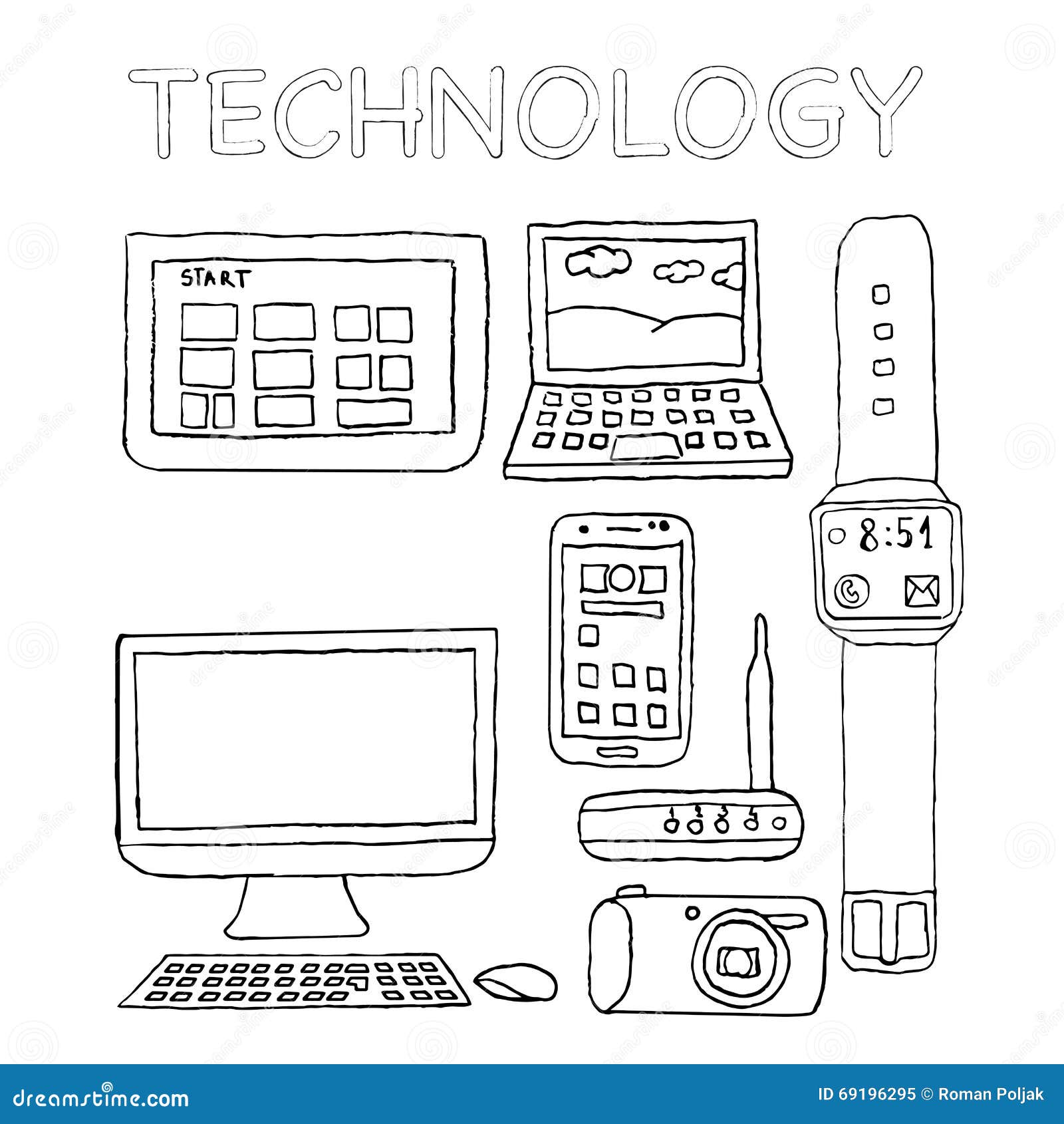 Iconos De La Tecnología, Mano Dibujada, Cámara Digital, Router Del Wifi,  Lapto Ilustración del Vector - Ilustración de medio, muestra: 69196295