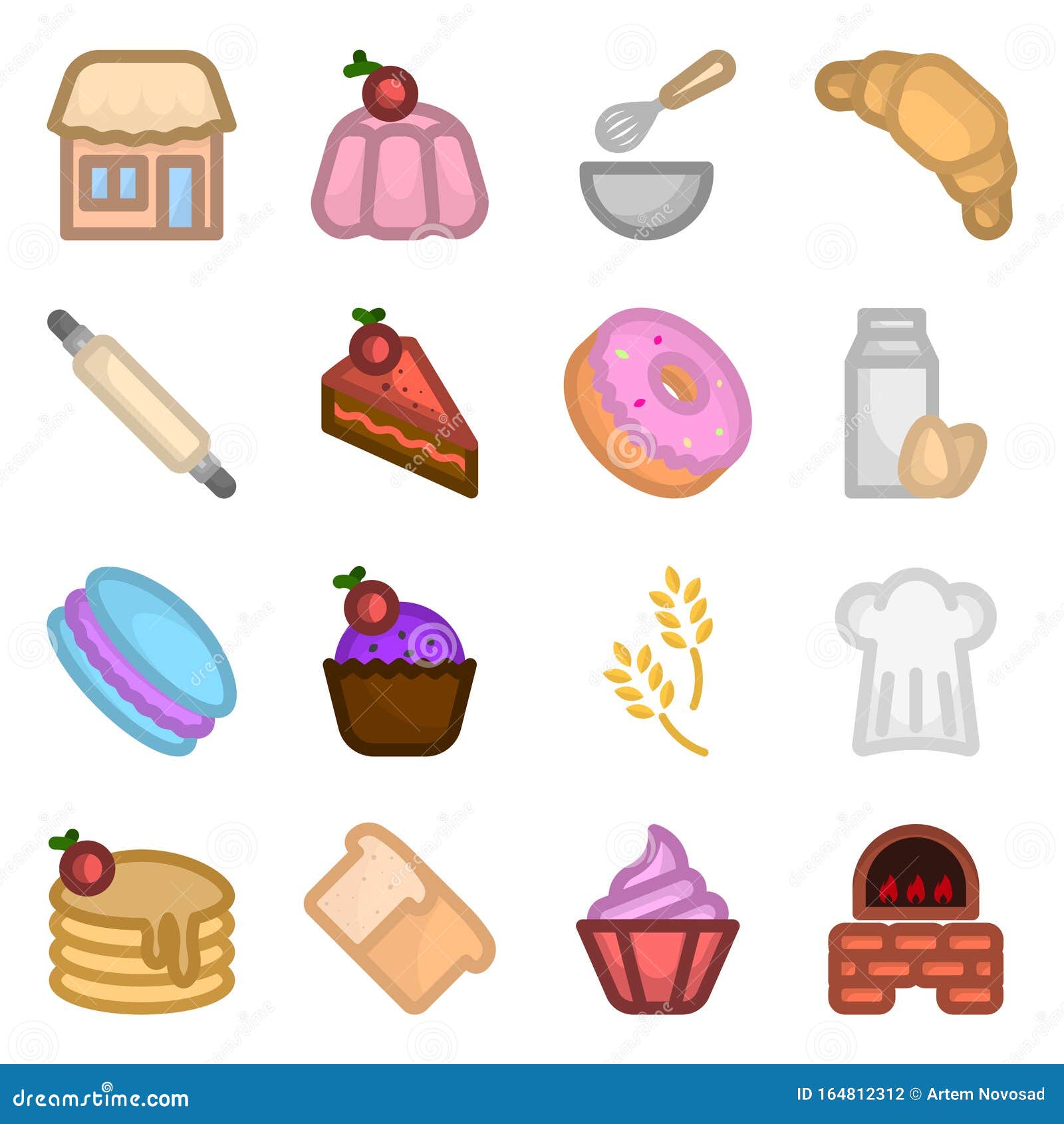 Iconos De Panadería Diseño De Dibujos Animados En Color El Conjunto Incluye  Varios Productos De Pastelería, Así Como Métodos Y Me Ilustración del  Vector - Ilustración de cacerola, cuerno: 164812312