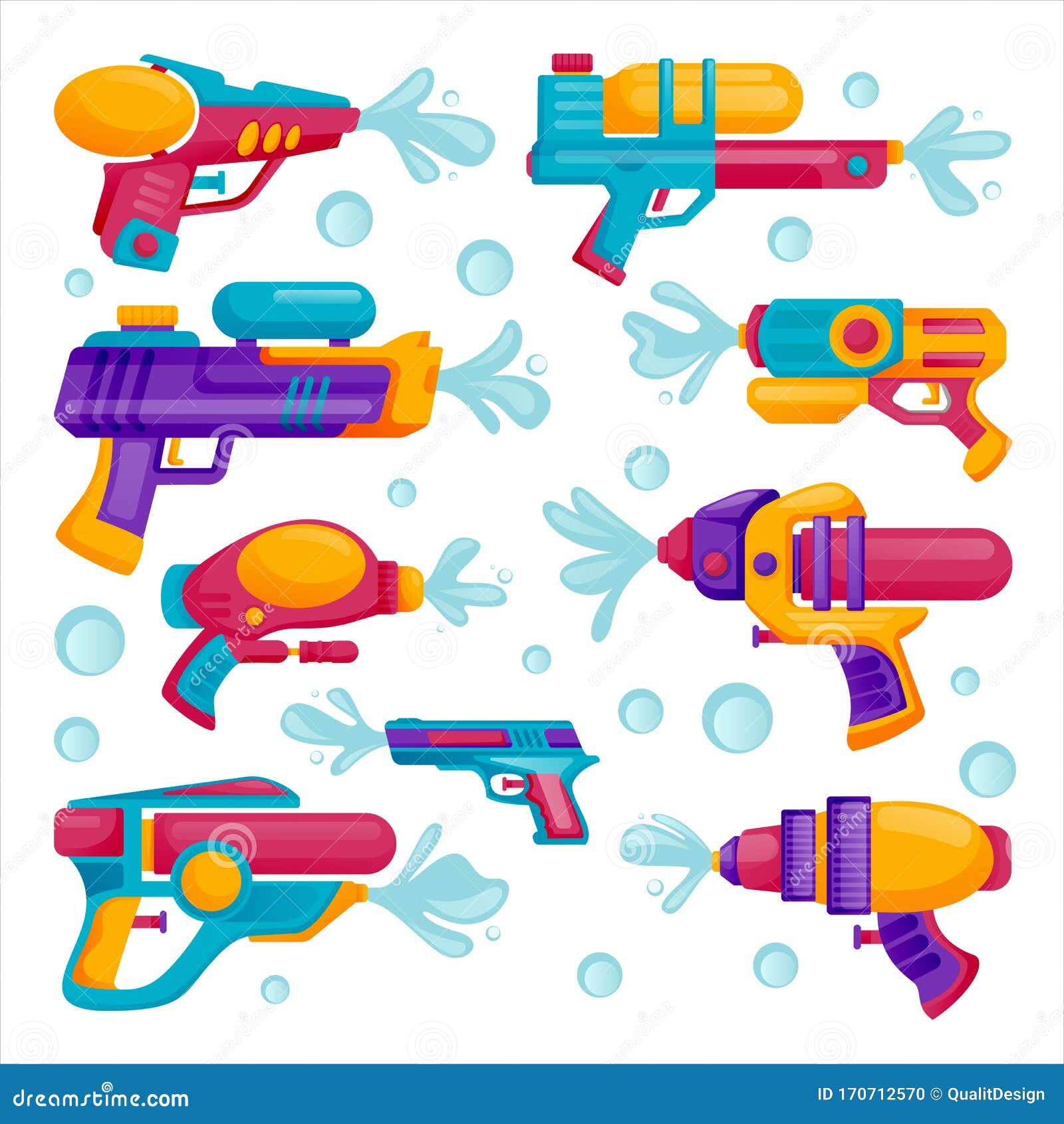 Iconos De Pistolas De Agua Dibujo De Dibujos Animados Planos Vectoriales  Niños Multicolores Juguetes Náuticos Para Jugar En La Pl Ilustración del  Vector - Ilustración de azul, plano: 170712570