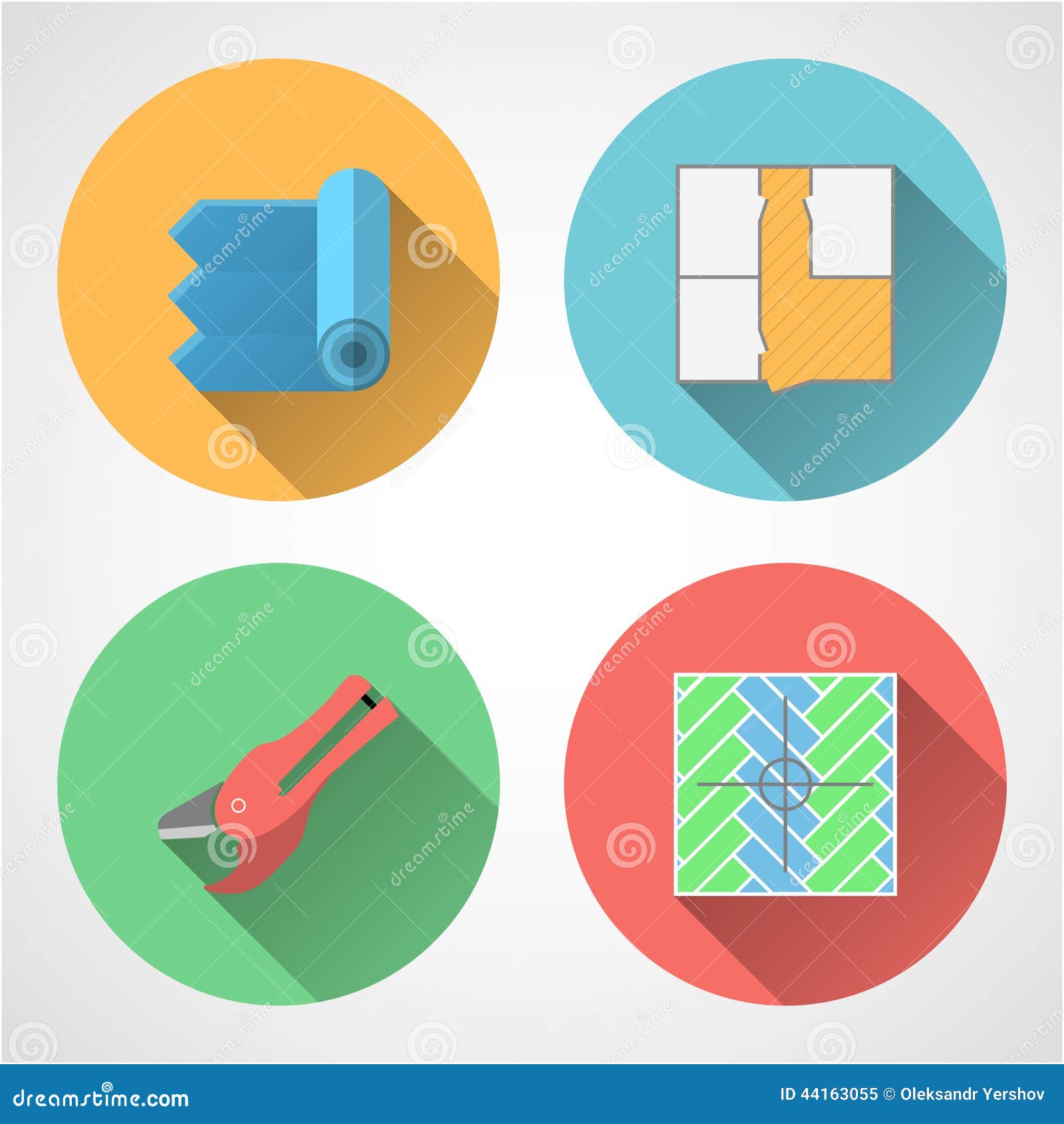 Iconos planos para el servicio del suelo del linóleo. Sistema de iconos planos del círculo coloreado con los símbolos para el servicio del suelo del linóleo en fondo gris