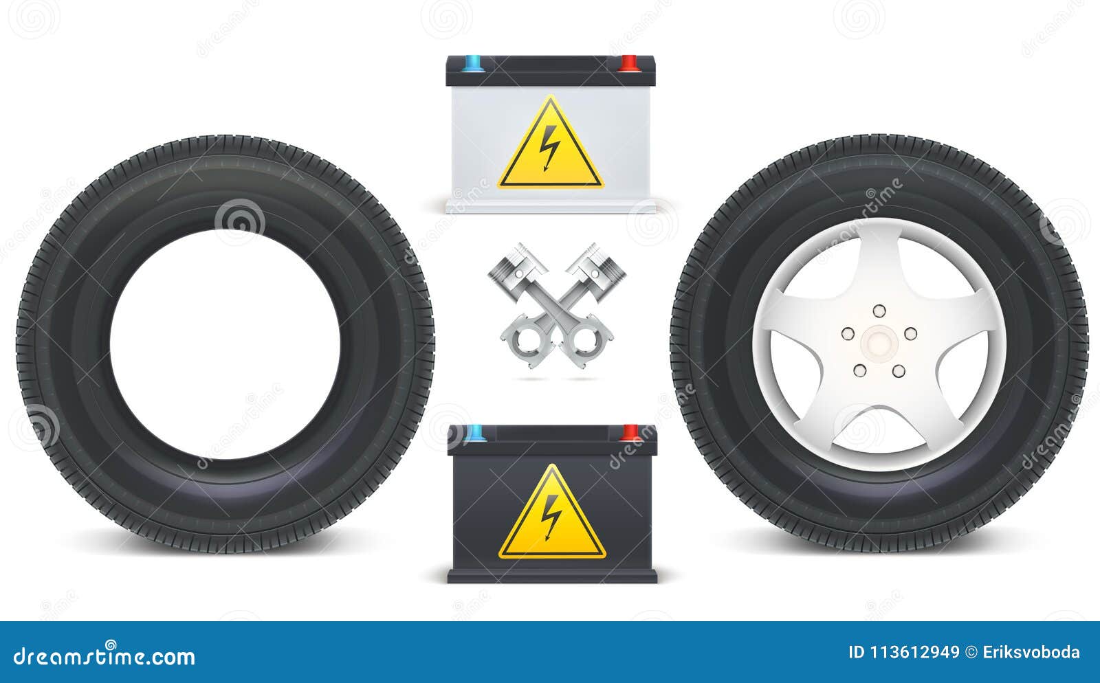 Icons of Car Parts for Garage, Auto Services. Kit of Car Batteries, Pistons  for Engine and Tyres for Wheels with Disc Stock Vector - Illustration of  shop, background: 113612949