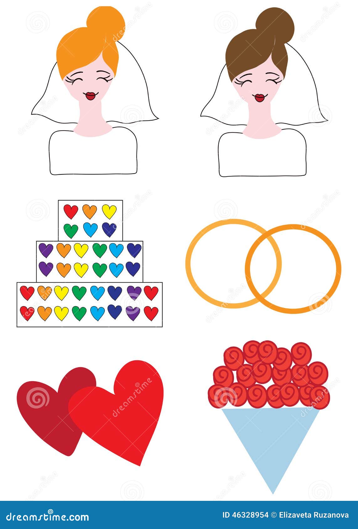 Icons lesbian wedding. Bride, cake, rings, bouquet, hearts on a white background.