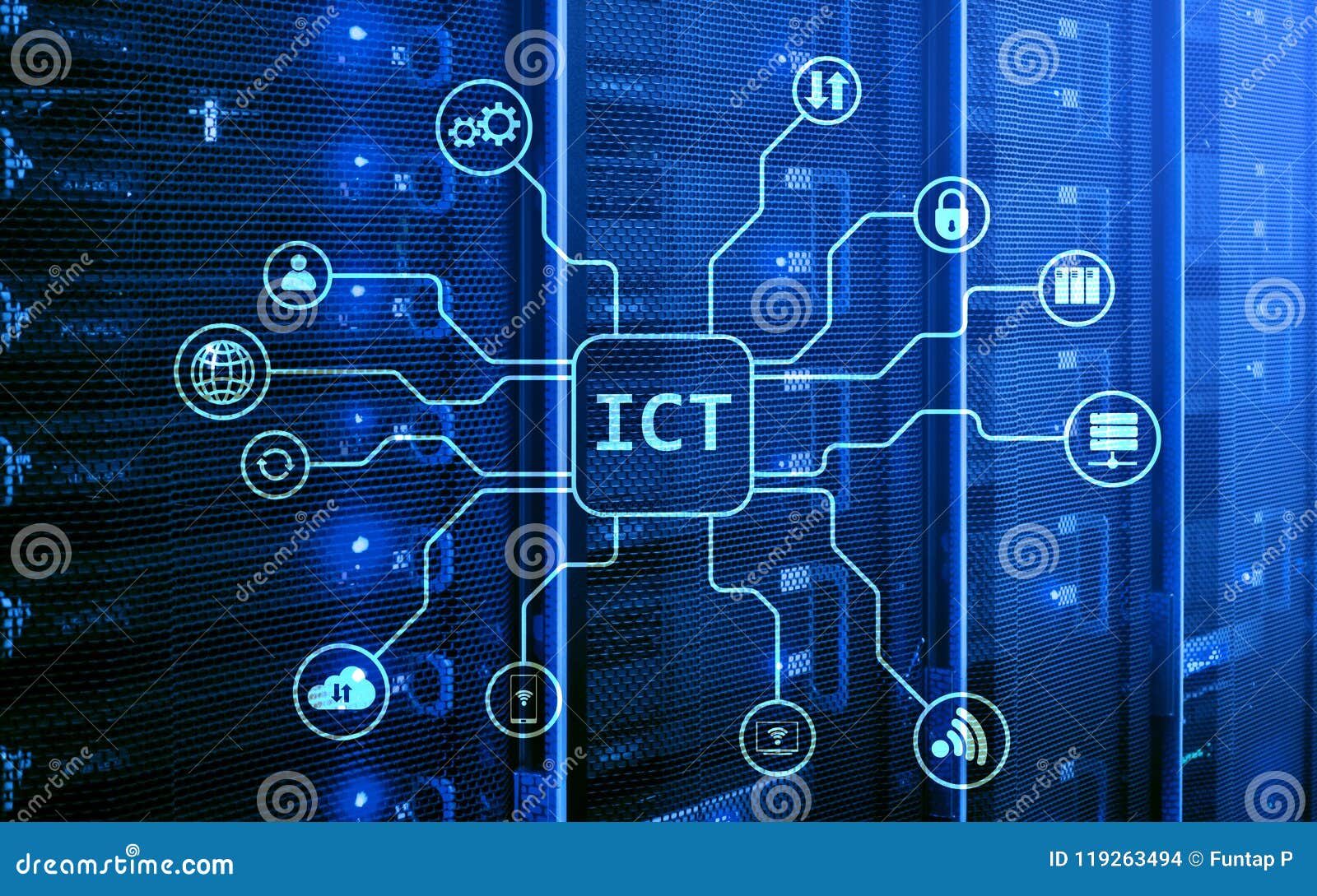 ict - information and communications technology concept on server room background