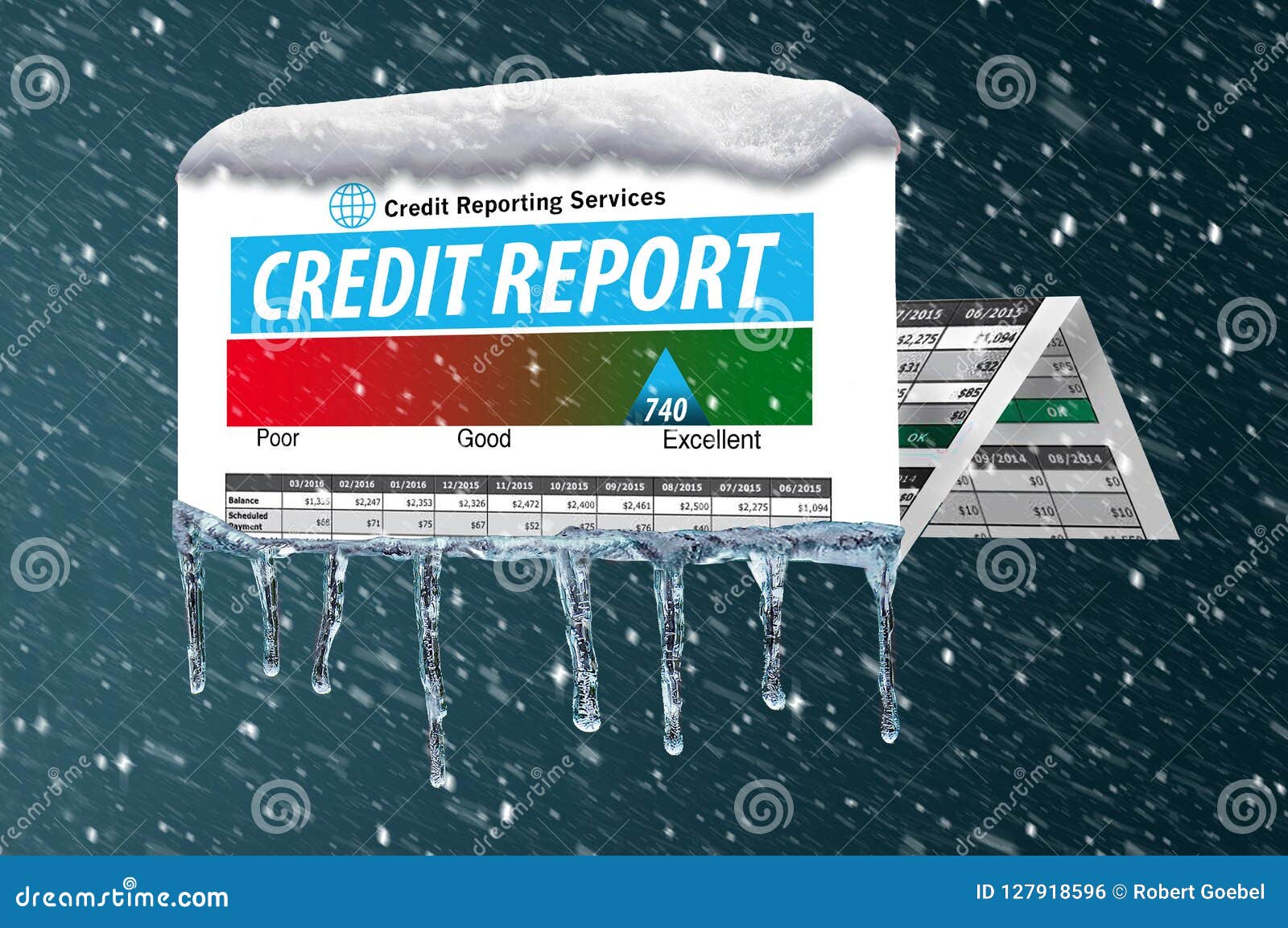 an icy, snow covered credit report in a snowstorm illustrates the idea of freezing your credit report.