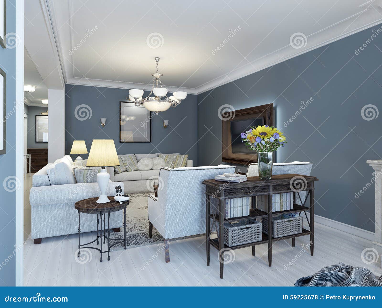 Idea of Classic Lounge with Navy Walls Stock Illustration