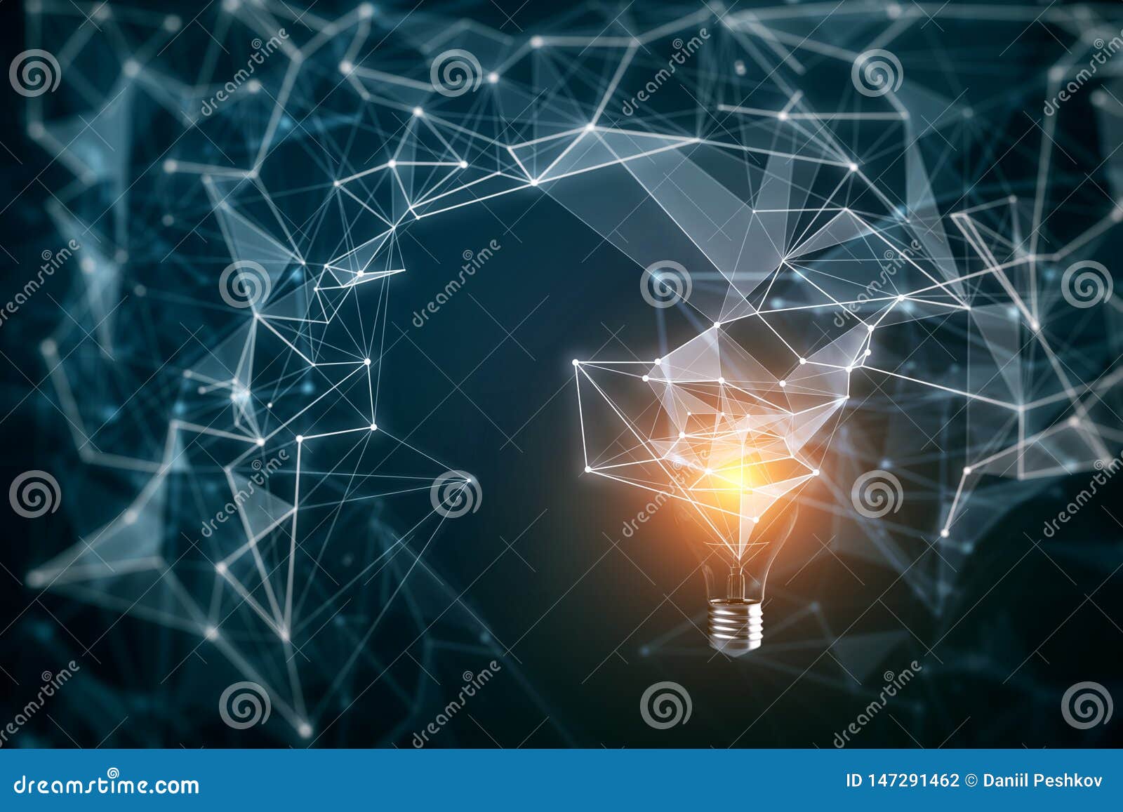 Idea and innovation background. Abstract polygonal lamp on blurry background. Idea and innovation concept. 3D Rendering