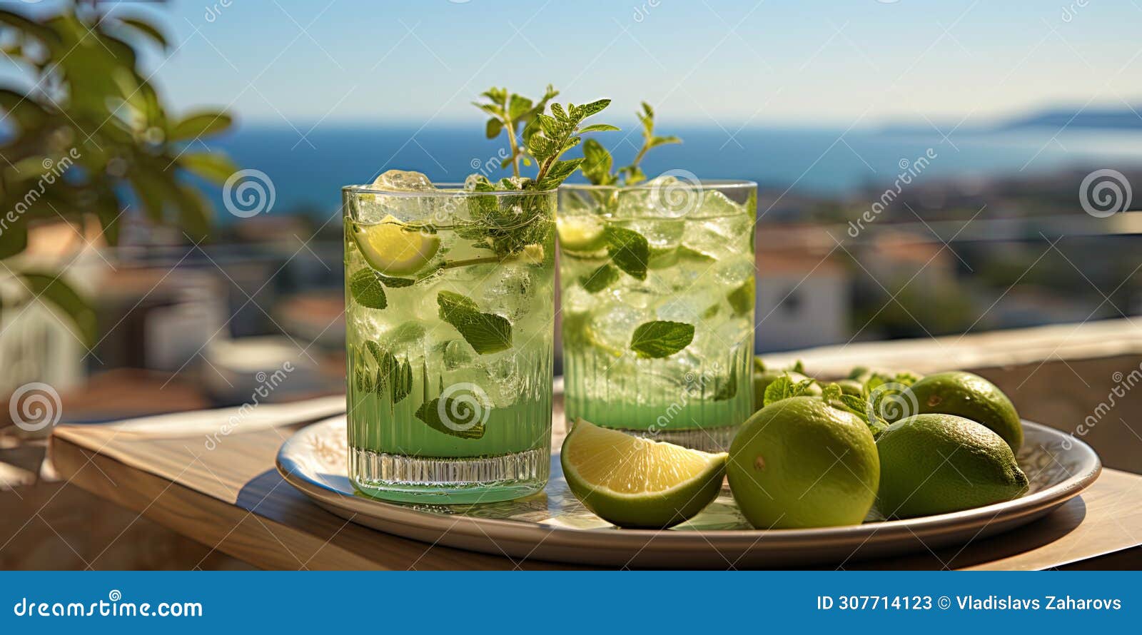 an ideal summer day on a terrace with a cool mochito, decorated with mint and lumem lime, creates