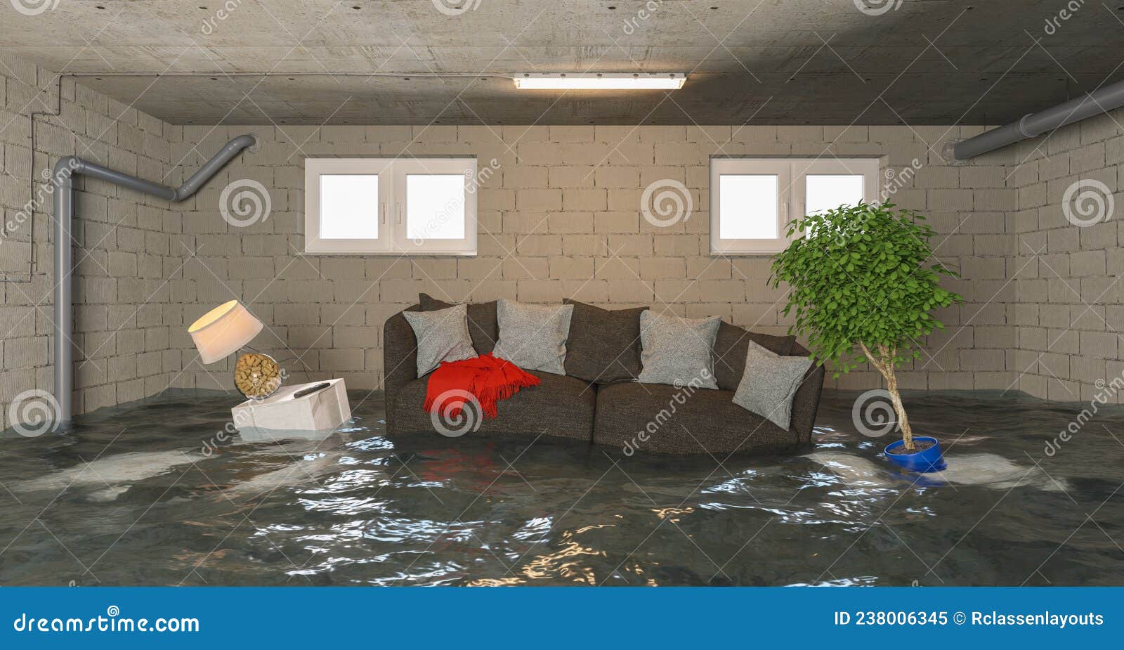 water damage in basement after flooding with sofa