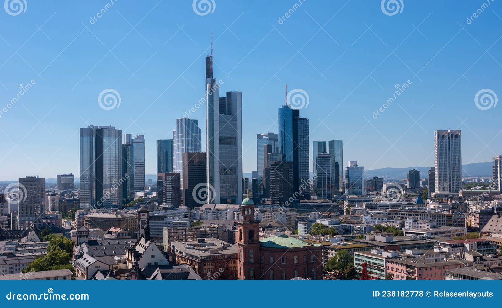 aerial view of the financial district sykline in frankfurt