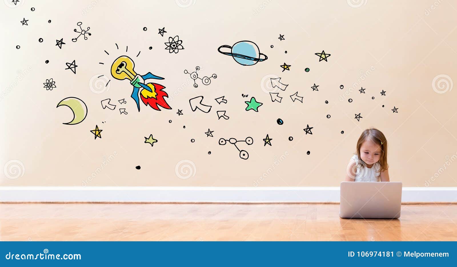 idear rocket with little girl using a laptop computer