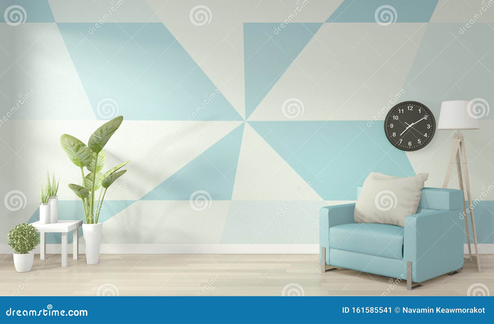 Interior Ideas Of Light Blue And White Living Room Geometric Wall Art Paint  Design Color Full Style On Wooden Floor.3D Rendering Stock Illustration -  Illustration Of Light, Floor3D: 161585541