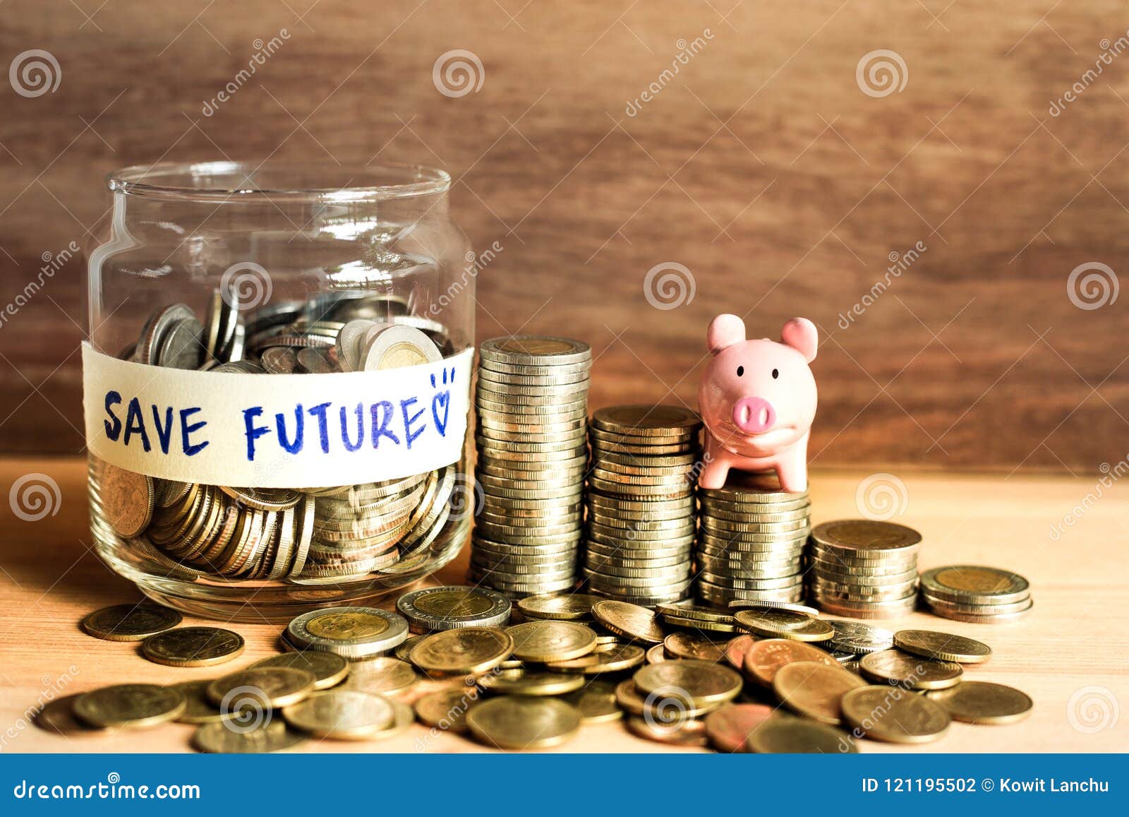 An Ideas of Saving Money for the Future with Coins and Piggy Bank
