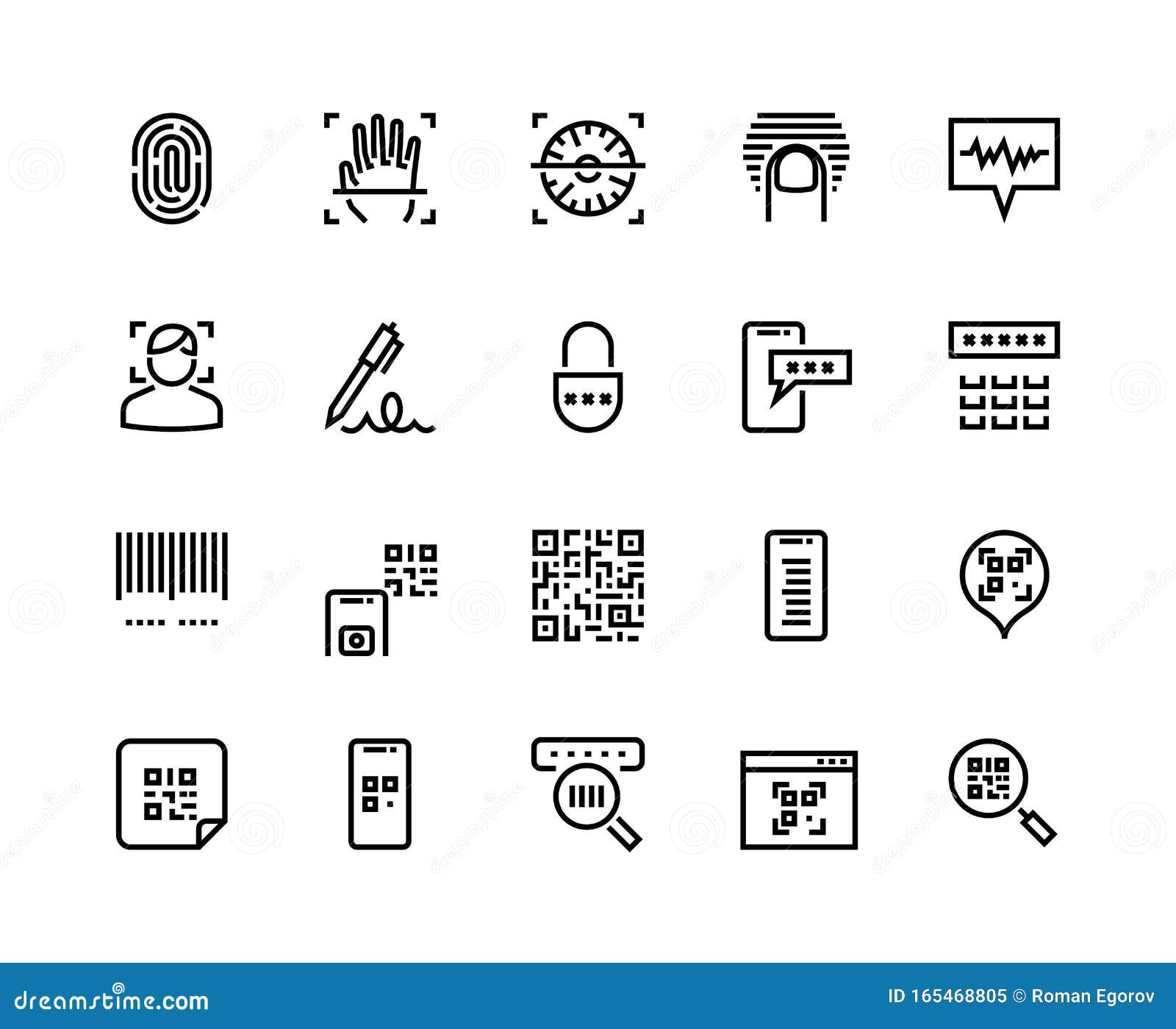identification line icons. biometric sensor, face recognition and fingerprint scanner icons.  authentication and