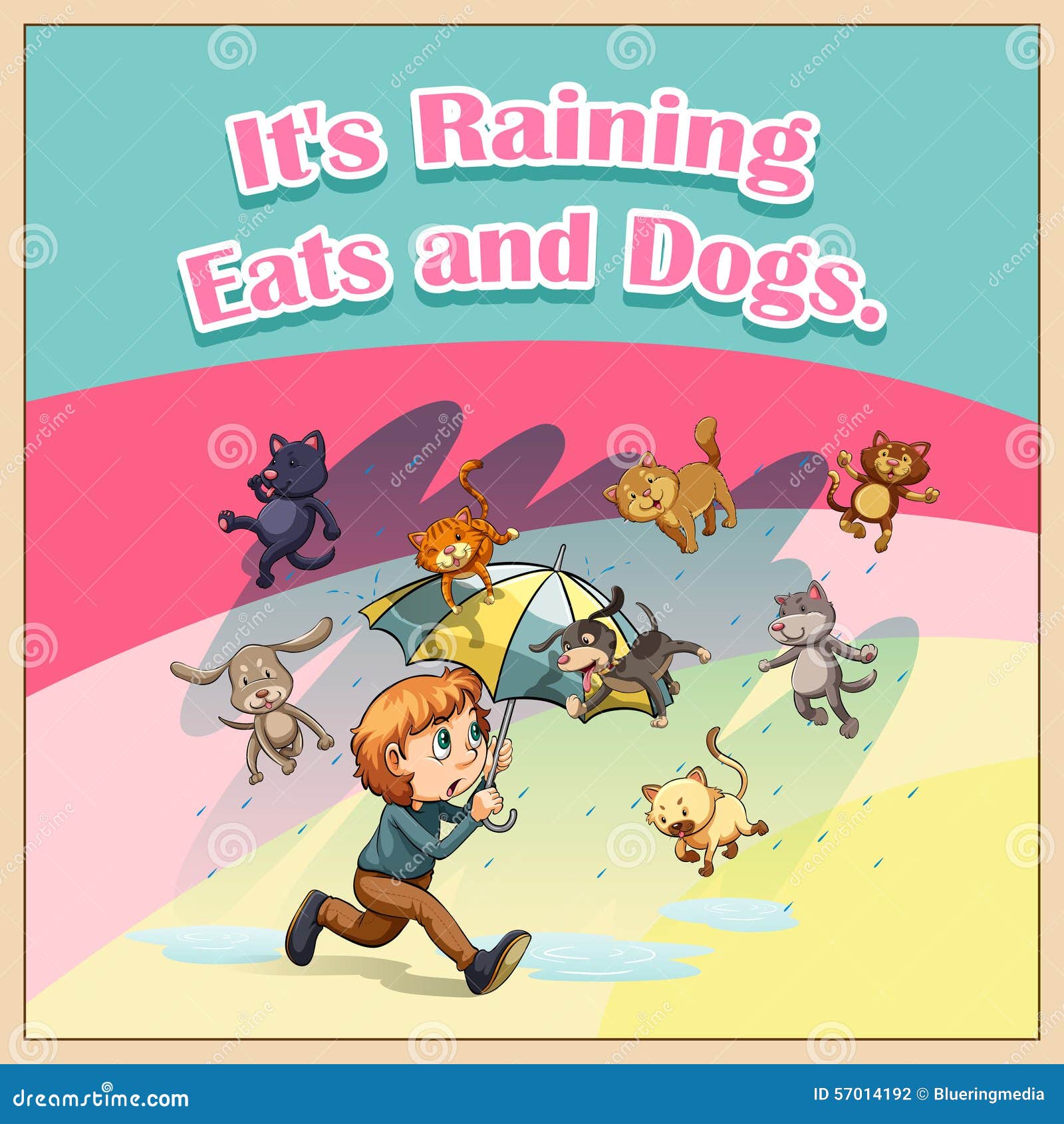 Saying Raining Cats And Dogs Cartoon Illustration